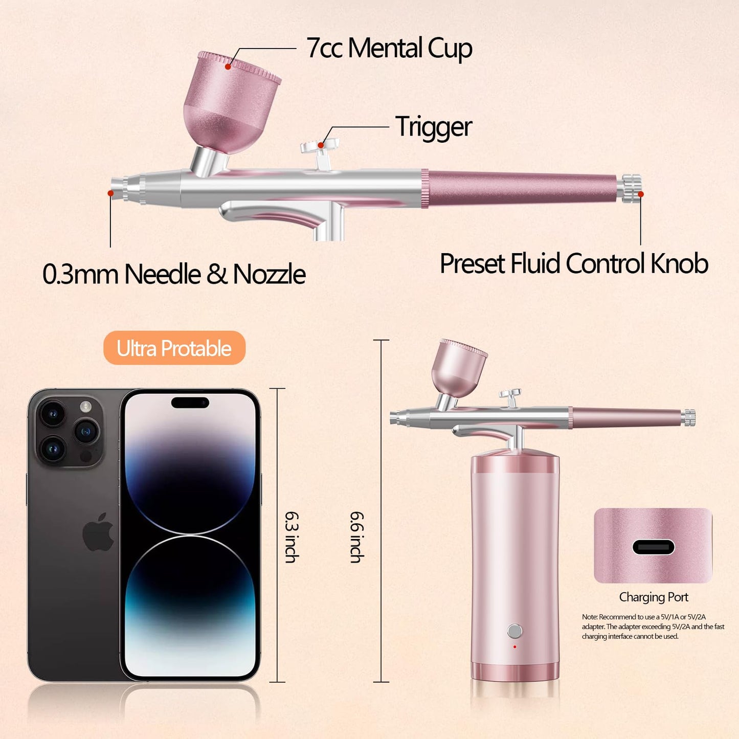 Airbrush Kit With Compressor 48PSI Rechargeable High Pressure Air Brush Set Cordless Airbrush Kit with 0.3mm Nozzle for Painting,Nail Art, Cake Decor,Makeup,Modeling (Pink)