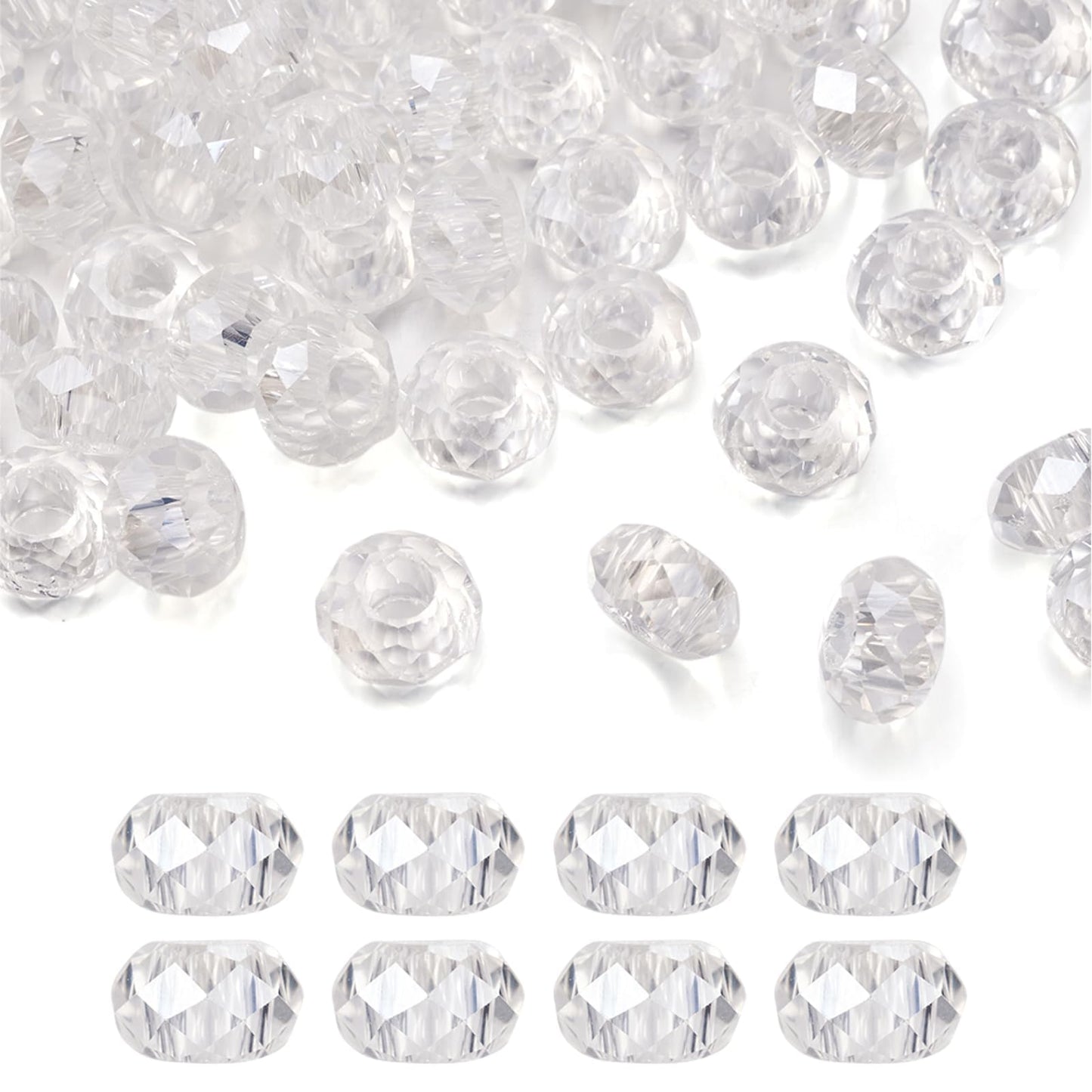 Pandahall 100pcs Glass European Beads Large Hole Beads Round Faceted Rondelle Slide Charms No Metal Core for Bracelet Jewelry Makings Crystal AB 14mm in Diameter