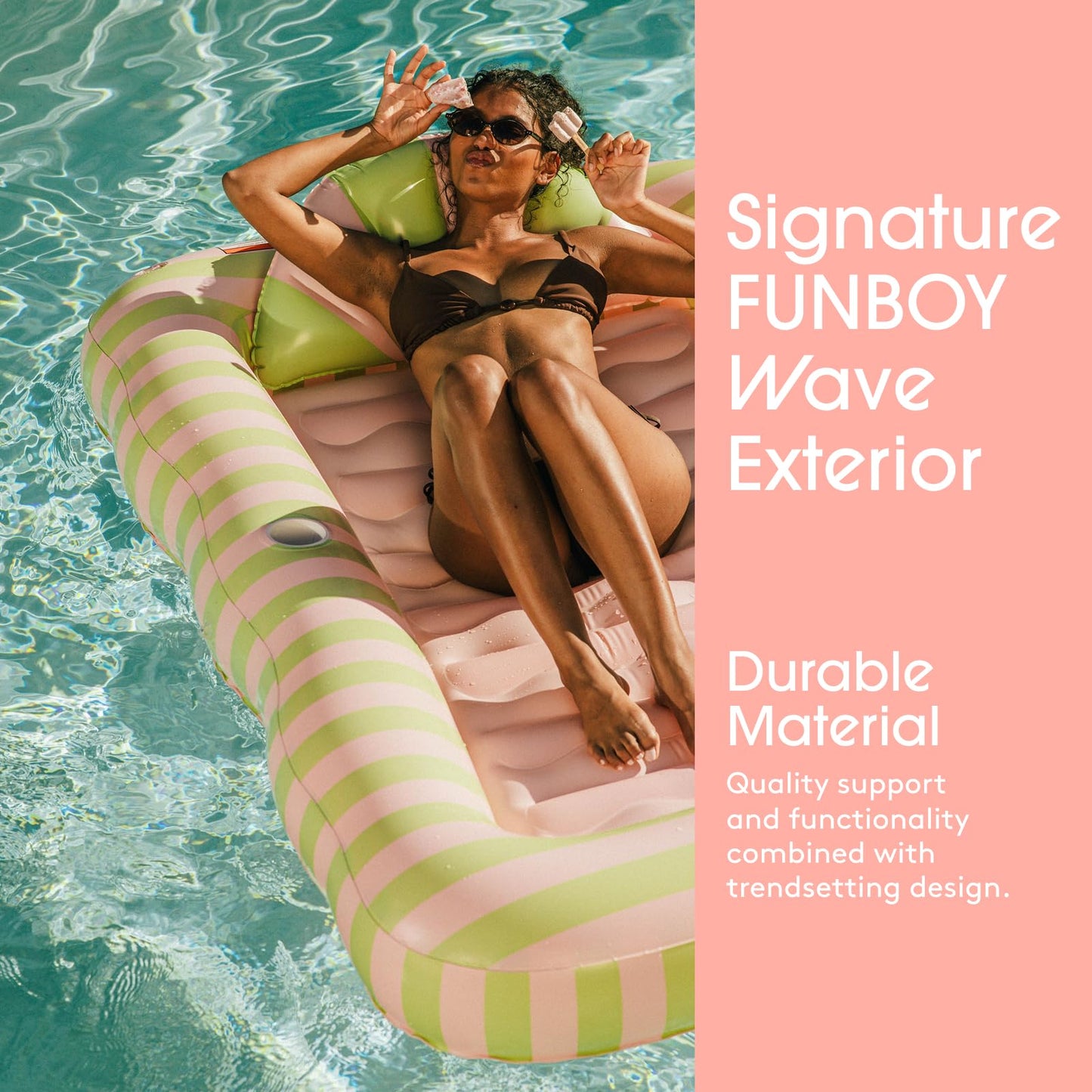 FUNBOY Tanning Pool Lounger Float Coral Stripe, XL 72'' x 48'' Pool Float with Custom Pillow and Large Cup Holder, Perfect for Pool or Backyard.