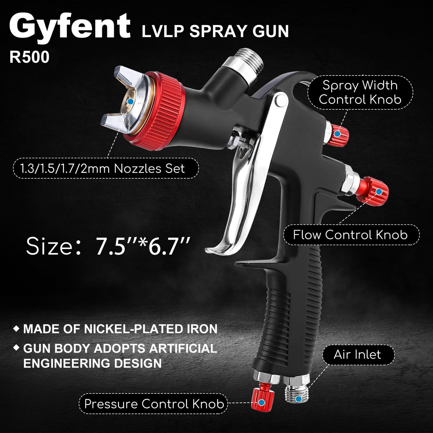 Gyfent R500 LVLP Air Spray Gun Premium Kit, Automotive Paint Spray Gun with 1.3/1.5/1.7/2mm Nozzles & 18 Pcs Paint Sprayer Accessories for Car Automotive Furniture House Painting