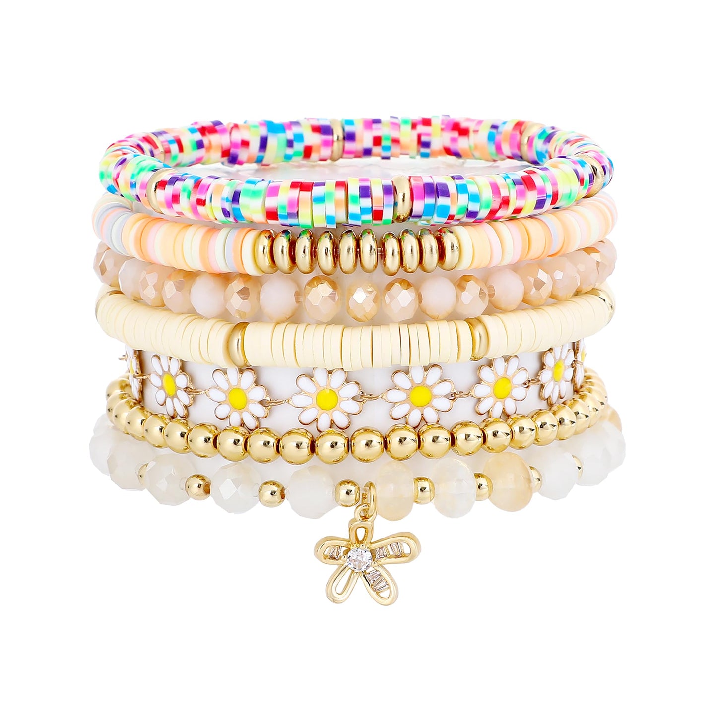 RISHEGAE Heishi Beaded Stretch Bracelets for Women Stackable Gold Polymer Clay Beads Bracelets Friendship Boho Summer Beach Bracelet Jewelry Set (C-Daisy 8pcs)