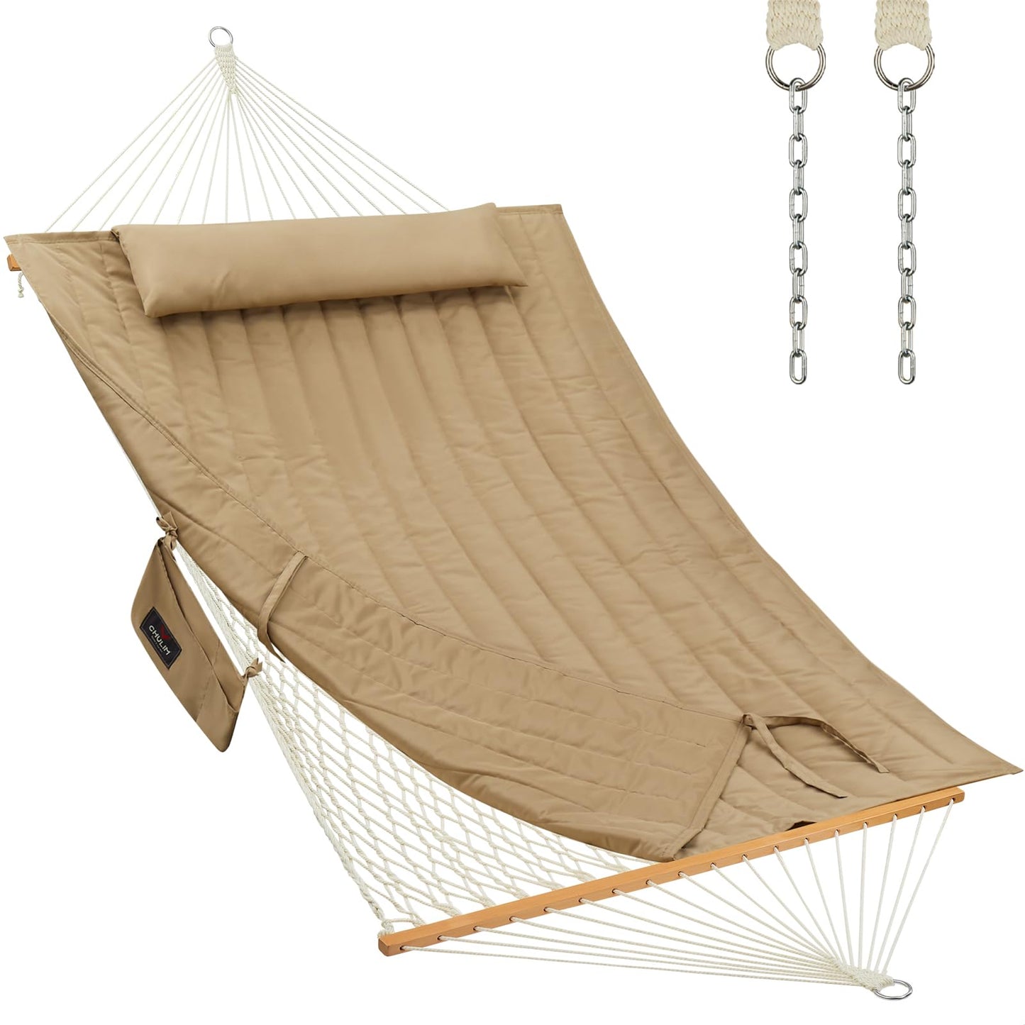 CHULIM Outdoor Double Hammock with Hardwood Spreader Bars, Large Rope Hammock with Polyester Pad and Pillow, 475 LBS Capacity for 2 Person Patio Backyard Poolside - Tan