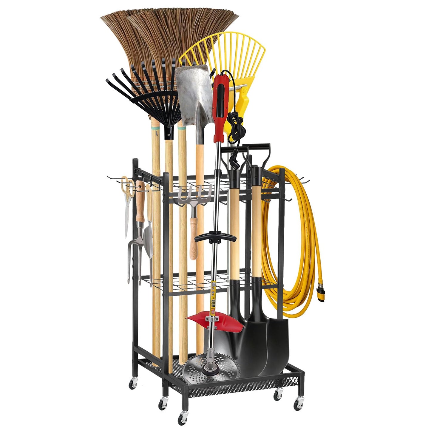 Garden Tool Organizer Rack with Wheels Up to 30-35 Tools, Heavy-Duty Steel Yard Tool Organizer for Garage Storage with 11 Hooks, Broom Holder & Garden Tool Rack for Shed, Patio, Lawn, Outdoor, Black