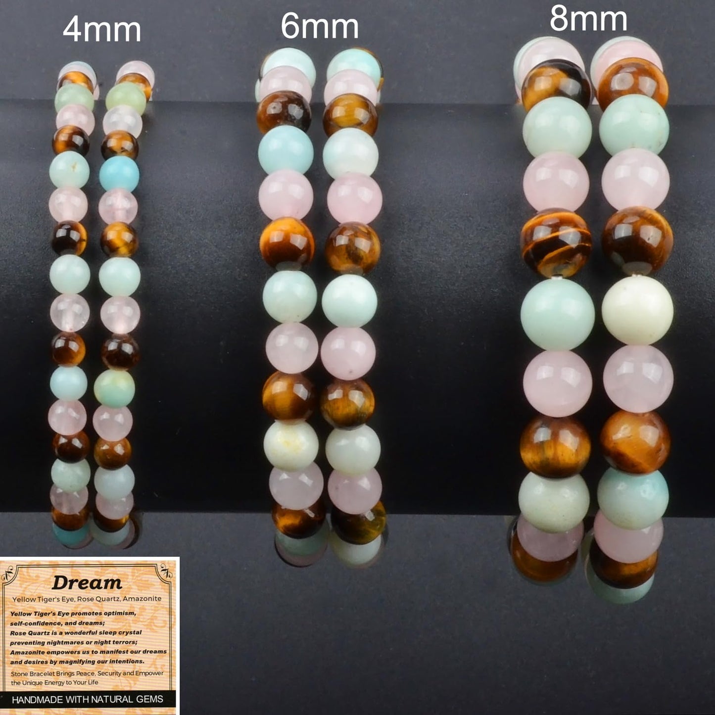 MASSIVE BEADS Yellow Tiger's Eye Rose Quartz Amazonite - Dream Handmade Handmade Yoga Stretch Elastic Bracelet Natural Stone Crystal Healing Power Energy Gifts for Unisex Adult 4mm