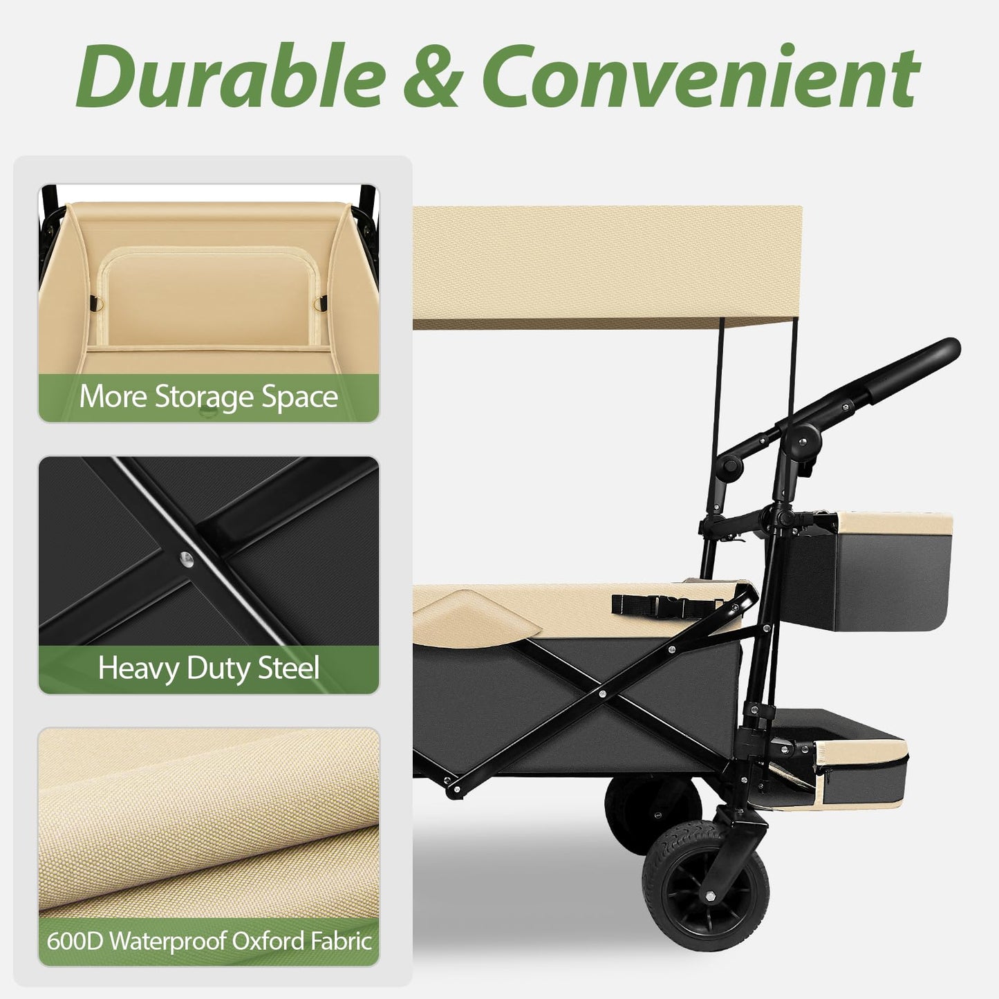 TAIFA Collapsible Foldable Wagon Cart with Removable Canopy, Push Pull Utility Beach Wagon with Big Wheels and Brakes for Sand Shopping Camping Outdoors, Beige1