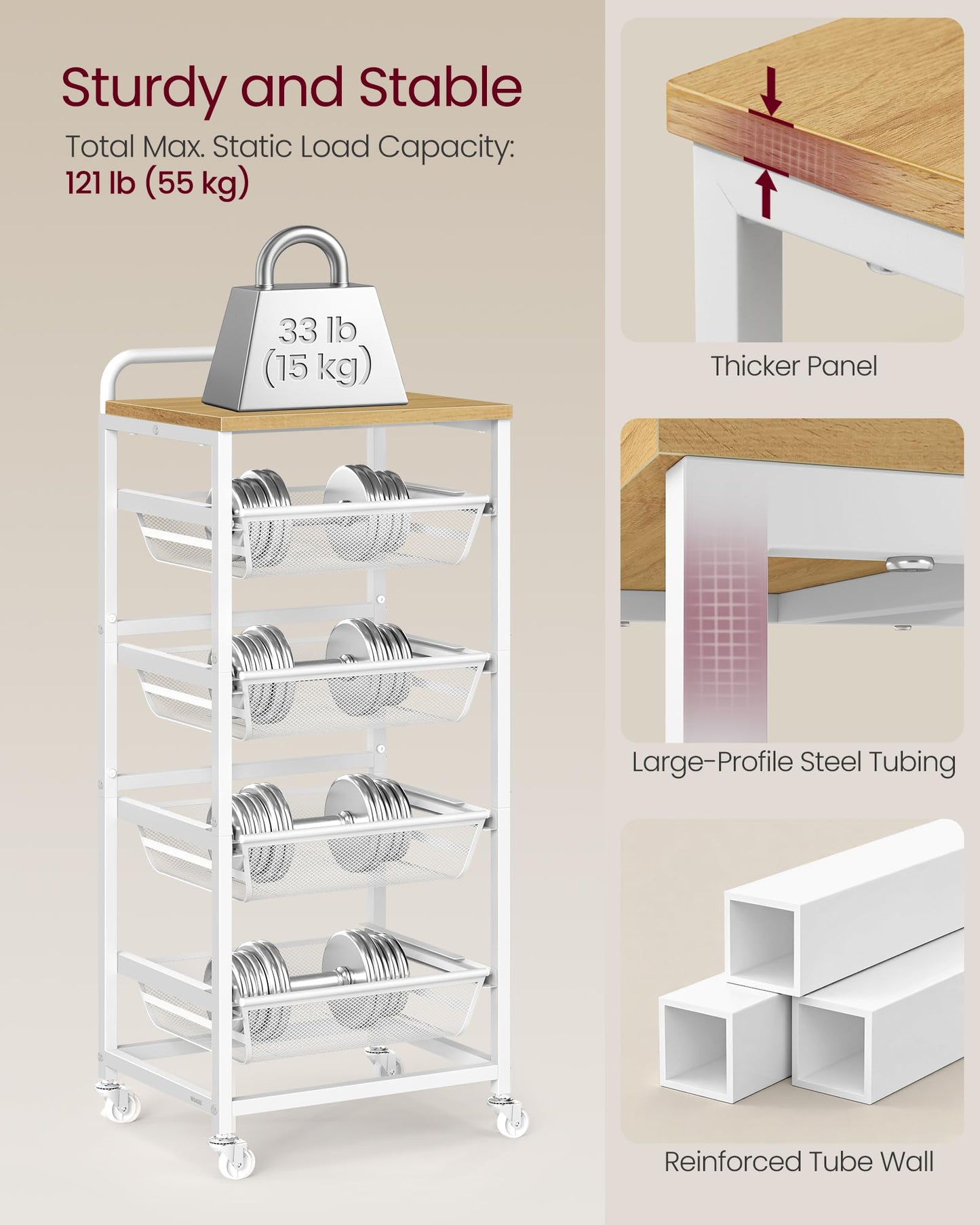 VASAGLE Storage Rolling Cart with Pull-Out Baskets, 5-Tier Utility Cart Orgnizer with Wheels for Laundry Room, Kitchen, Handle, 12.5 x 15.8 x 37.4 Inches, Golden Oak and Matte White ULRC041YA01