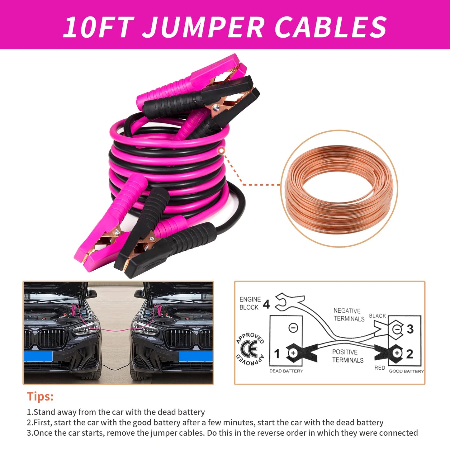 vioview Roadside Emergency Car Kit for Vehicles, Car Safety Kit with Jumper Cables, Safety Hammer, Pink Car Accessories Road Trip Essentials Assistance Kit for Teen Girls Women