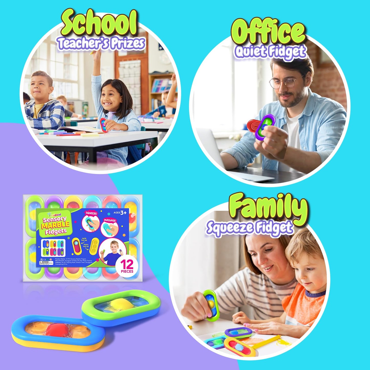 Sensory Marble Fidget for Kids Adults- 12 Park Gel Filled Quiet Fidget for Student Classroom Prize, Texture Autism Sensory Toys, Silent Stress Squishy Worry Stones, Squeeze Gifts for Teens Adults