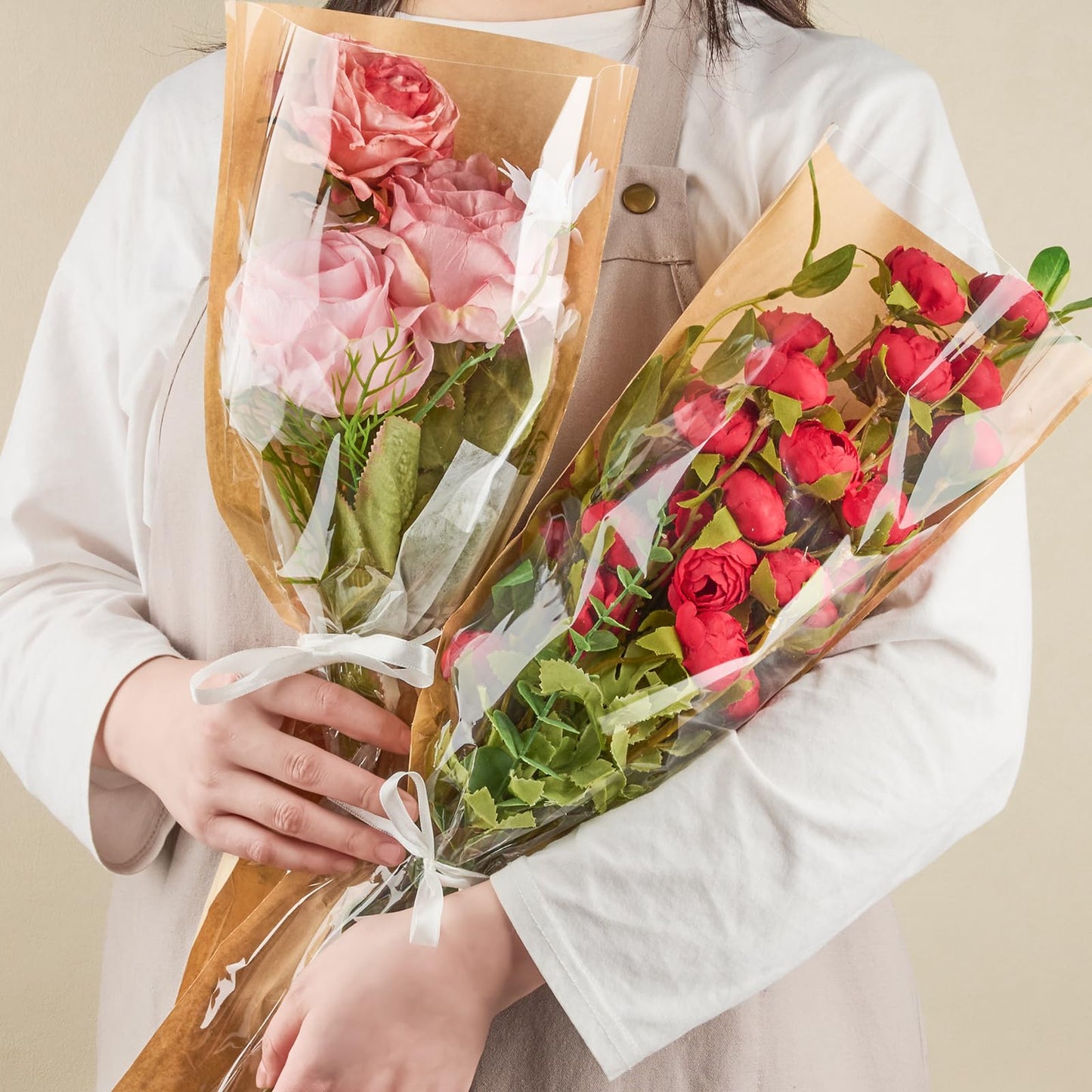 Mauproy 50 Pack Flower Bags for Bouquets, Flower Wrapping Paper Kraft Floral Wrap Sleeves with Ribbons for Graduation Florist Supplies Wedding (24.8 x 8.7 Inches)