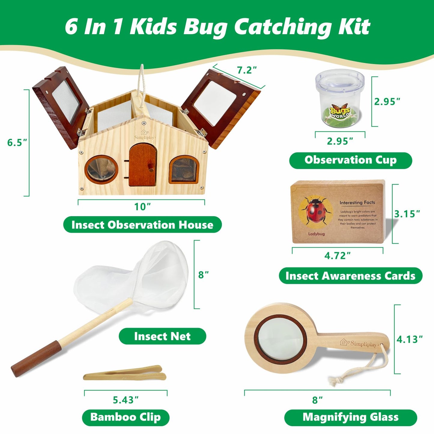 SimpliPlay Kids Explorer Kit & Bug Catcher for Kids, Outdoor Toys with Large Portable Wooden Bug Habitat, Butterfly Net, Magnifier, Observation Cup, 15 Insect Cards for Toddler 3-8 Year Old Boy Gift
