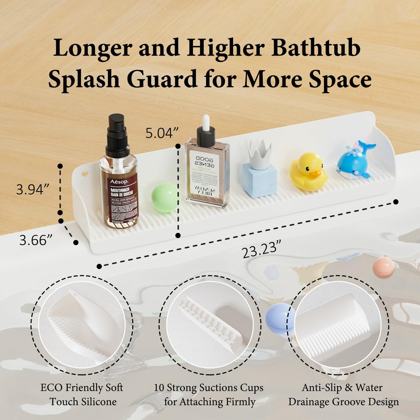 Bathtub Splash Guard, Silicone Toy Tray Holder Storage with 10 Strong Suction Cups, Bathtub Accessories Prevent Water Spill, Countertop Protectors for Tub, Bathroom Sink, Kitchen Sink 1 Pcs Gray White