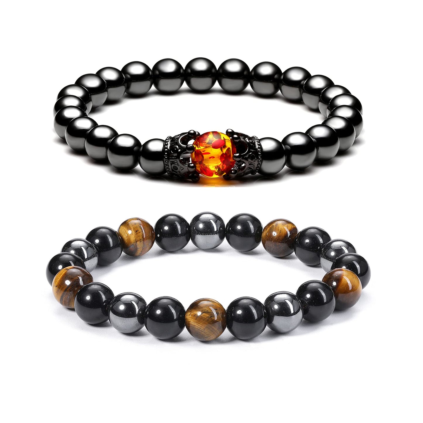 Jovivi 2 Pcs Hematite Black Obsidian Tiger Eye Stone Bracelets for Men Women 10mm Natural Round Gemstone Beads Beaded Healing Crystal Bracelet for Protection, Good Luck
