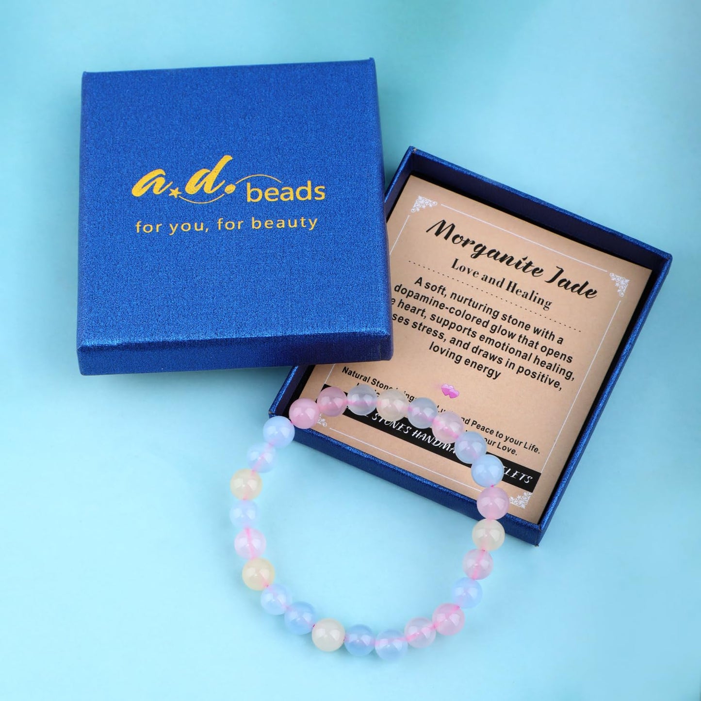 AD Beads 4mm Handmade Morganite Jade Elastic Bracelet – Natural Gemstone for Joy & Positivity – Meditation, Yoga, Healing and Energy Gift for Men Women