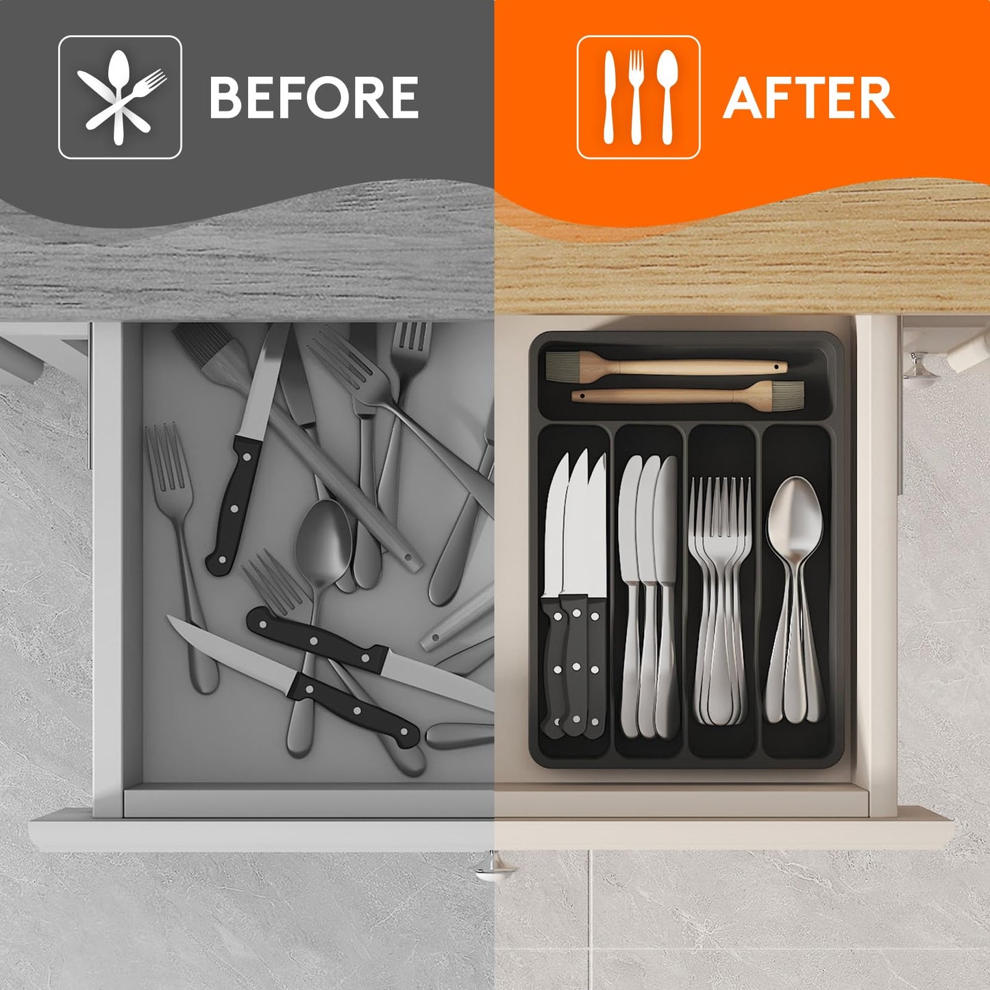 Lifewit Silverware Drawer Organizer Tray, Plastic Cutlery Storage for Kitchen, Flatware and Utensil Holder Divider for Spoons Forks Knives Tableware, 9.1 x 12.6", 5 Slots, Black
