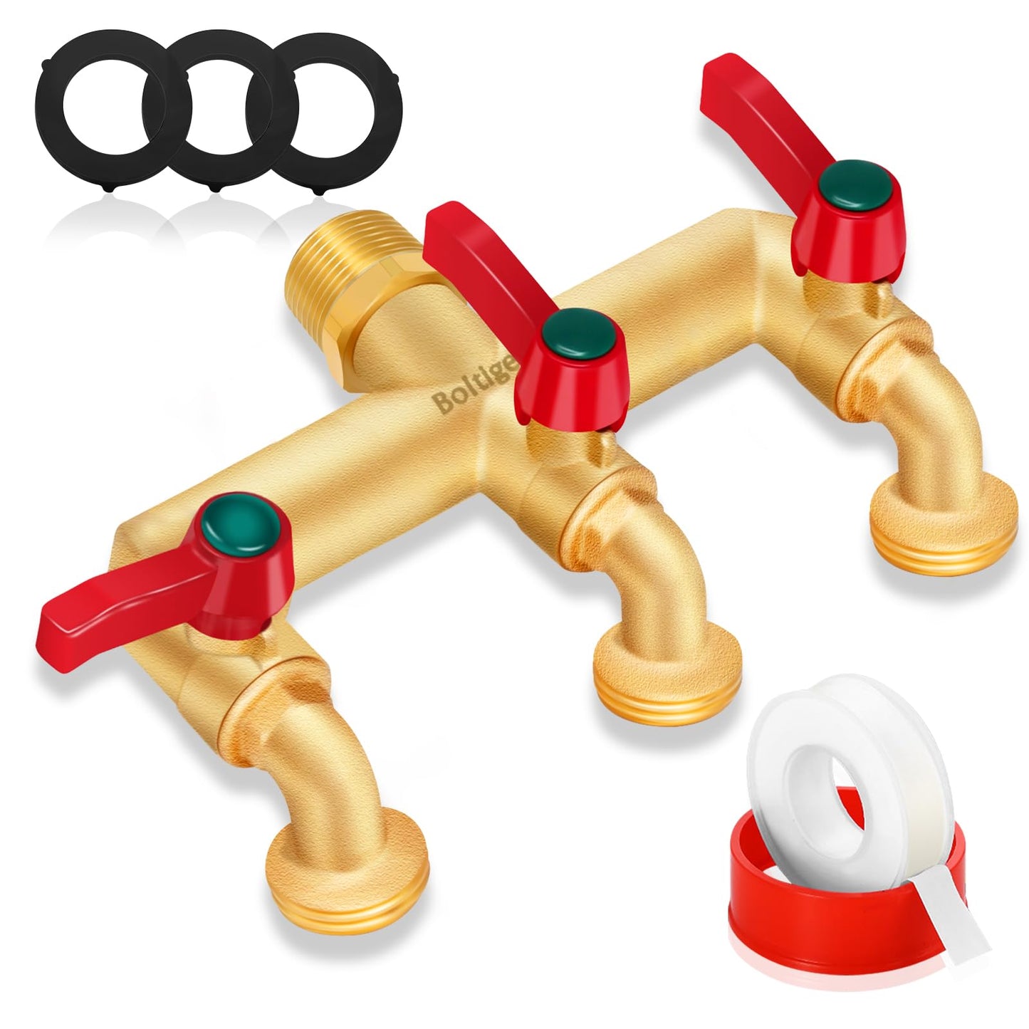Boltigen 3 Way Water Hose Valve Splitter, Brass High Flow Garden Hose Faucet, 3/4 NPT Inlet to 3/4 GHT Outlet Garden Hose Manifold, Three Way Water Outdoor Splitter with Shut Off, Gold