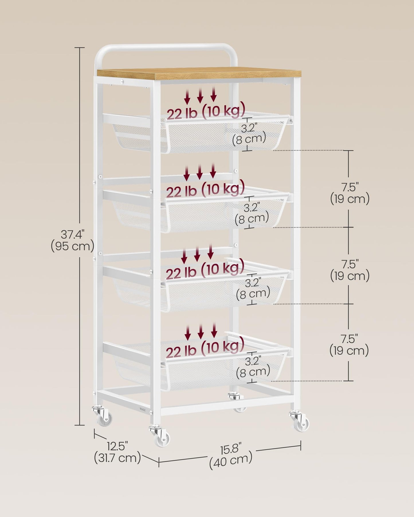 VASAGLE Storage Rolling Cart with Pull-Out Baskets, 5-Tier Utility Cart Orgnizer with Wheels for Laundry Room, Kitchen, Handle, 12.5 x 15.8 x 37.4 Inches, Golden Oak and Matte White ULRC041YA01