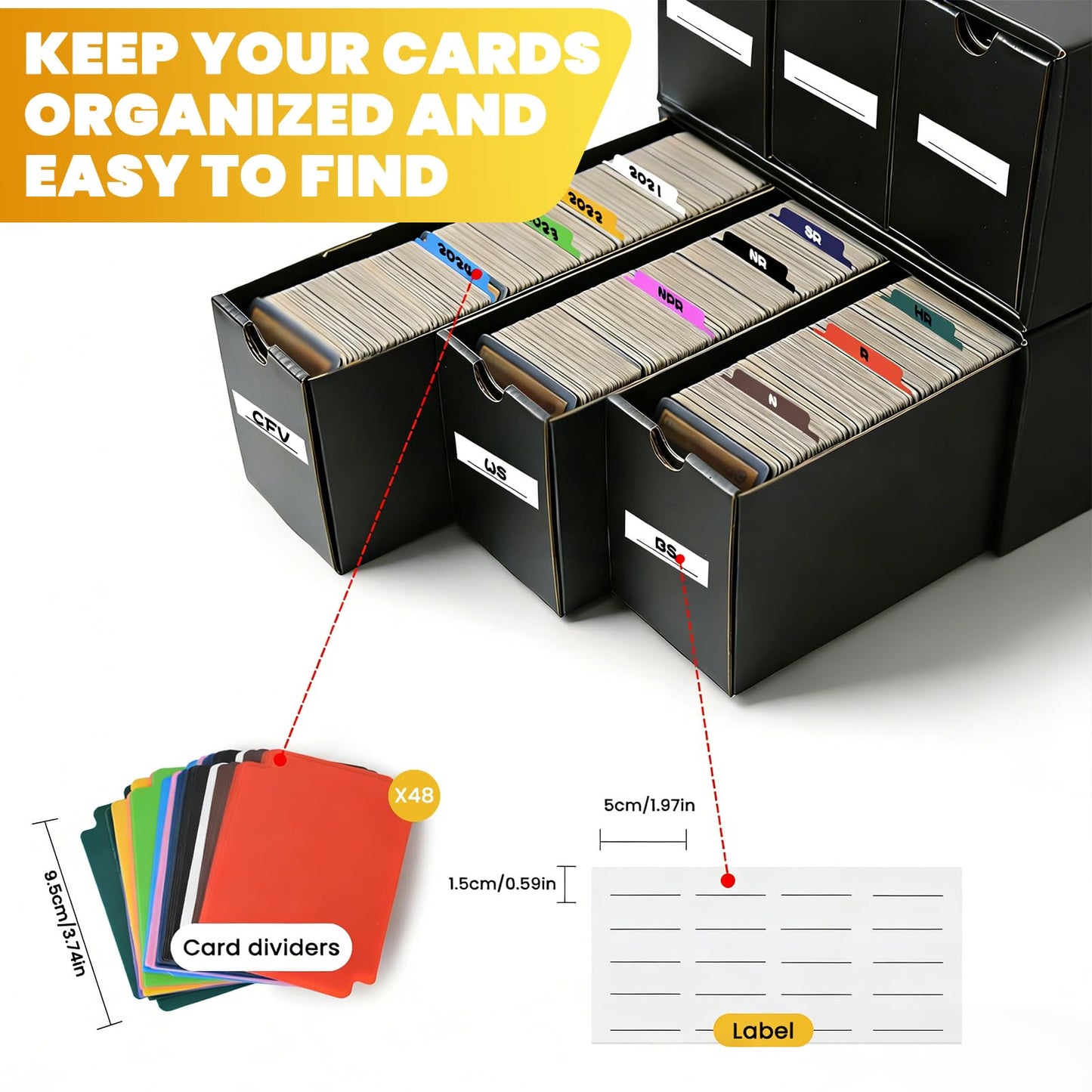 JUMPOW Trading Card Storage Box - 12000+ Card Storage Box Organizer, Bulk Card Sports Card Storage Boxes With 48 Card Dividers, Labels & Tapes, For TCG/MTG/PTCG/Baseball Card Storage And Collection