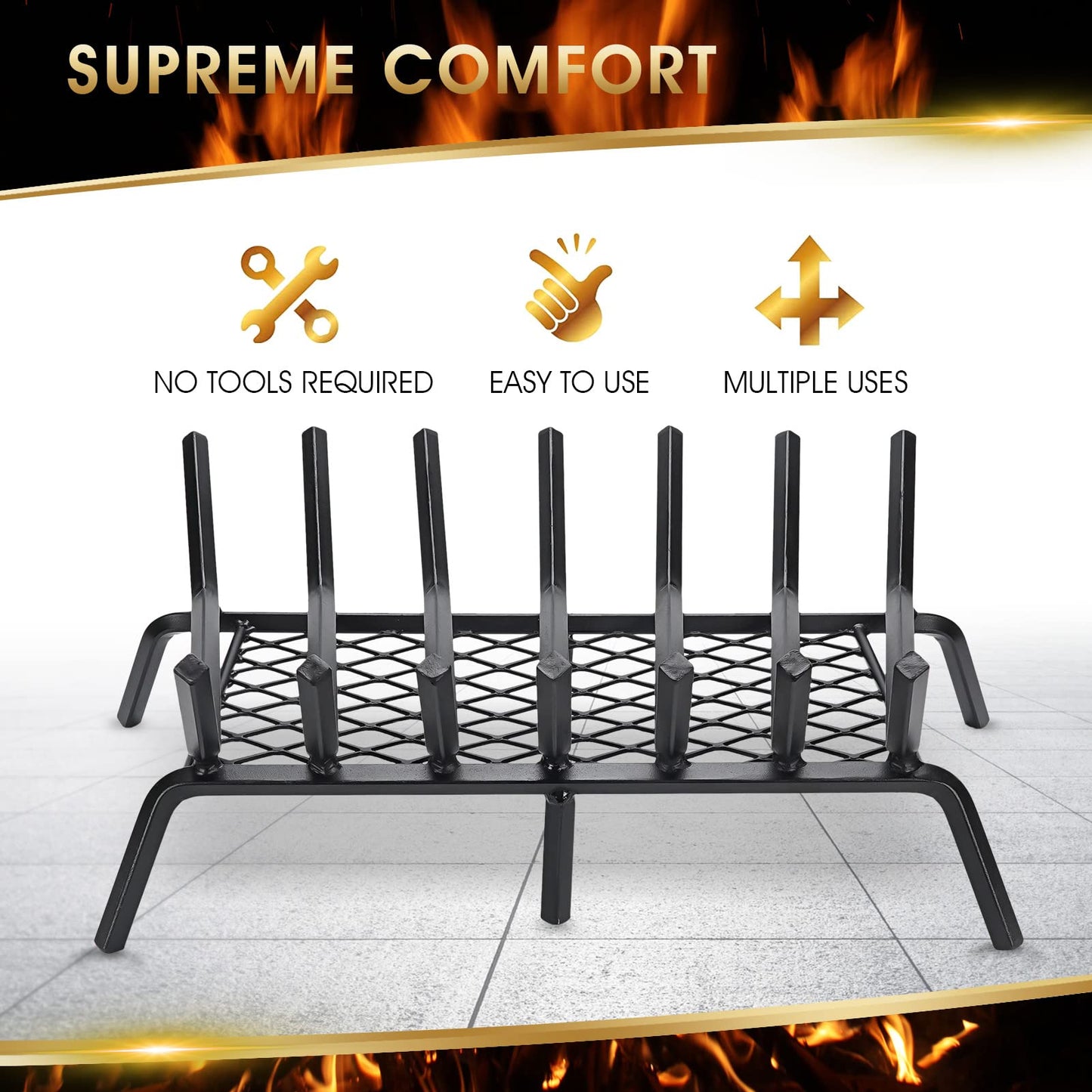 G GOOD GAIN Fireplace Grate 24" with Ember Retainer, Heavy Duty Cast Iron Indoor, Chimney Hearth Wood Stove Burning Rack Holder,1/2” Bar Fire Place Asseccories for Outdoor, Fire Pits, Camping