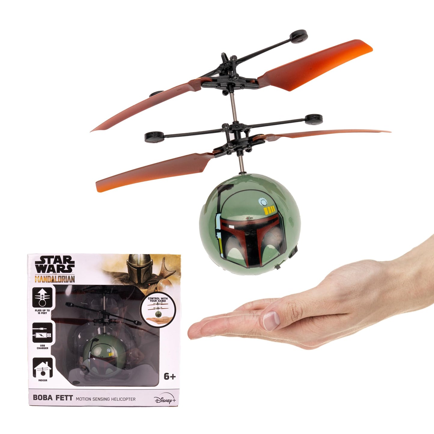 World Tech Toys Star Wars Boba Fett Flying Toy – Motion Sensing Flying Ball with USB Charging - Star Wars Licensed - Indoor/Outdoor Drone for Kids Ages 6+
