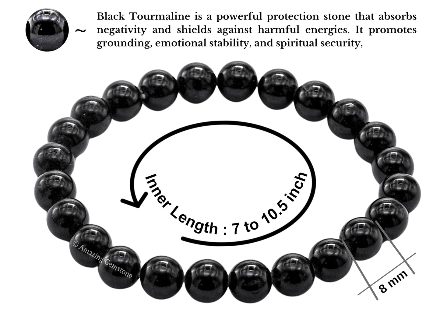 Amazing Gemstone Black Tourmaline Bracelet for Women Men's Gifts - Protection Healing Crystal Bracelet - 8mm Beaded Stretchable Bracelet Pulseras Para Hombres Mujer Stocking Stuffers (Regular)