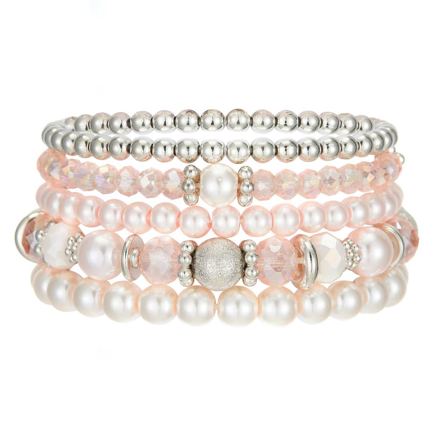 Noessla Beaded Pearl Stretch Bracelet Silver Stackable Crystal Beads Bracelets Trendy Costume Jewelry Mothers Day Gifts for Women(Pink)