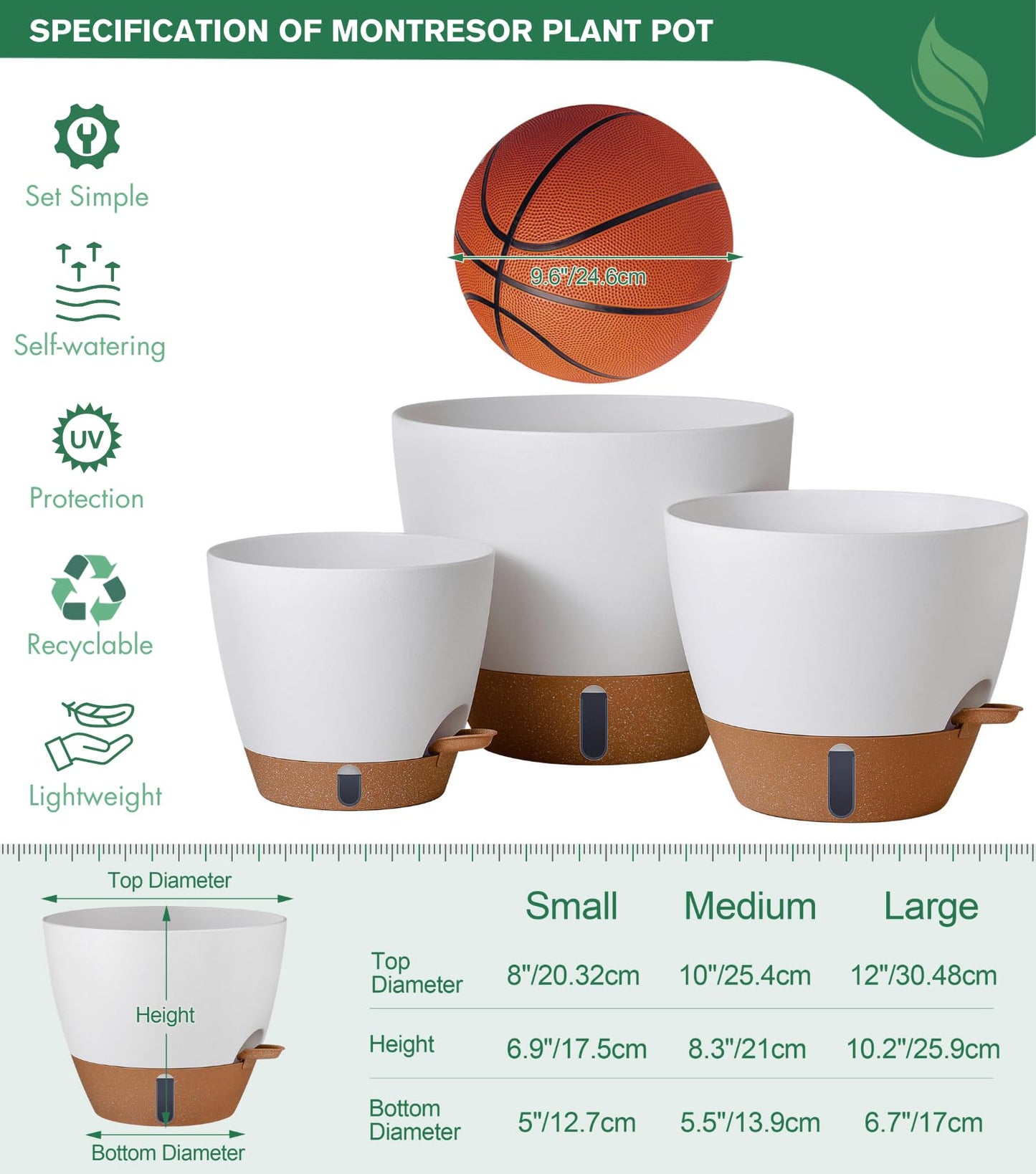 montresor 12/10/8 Inch Self Watering Pots for Indoor Plants Plastic Large Pot for Outdoor Plants, Water Level Window & Spacious Reservoir Flower Pots Decorative Planter with Drainage and Tray (White)