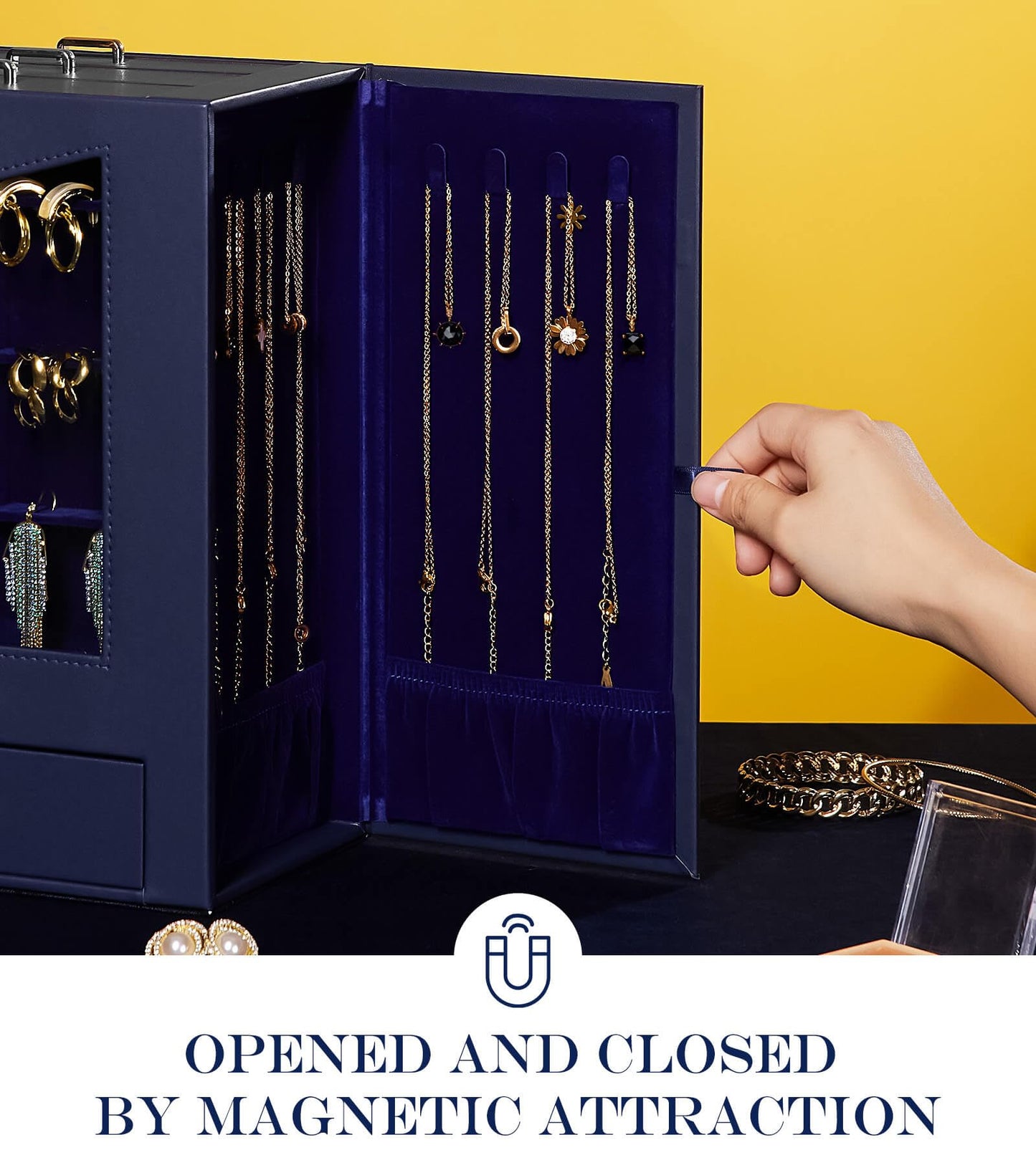 Homde Jewelry Organizer with Transparent Window Necklace Hooks Gift for Women Jewelry Box Display Case for Necklaces Rings Earrings Bracelets and Other Accessories (Dark Blue)