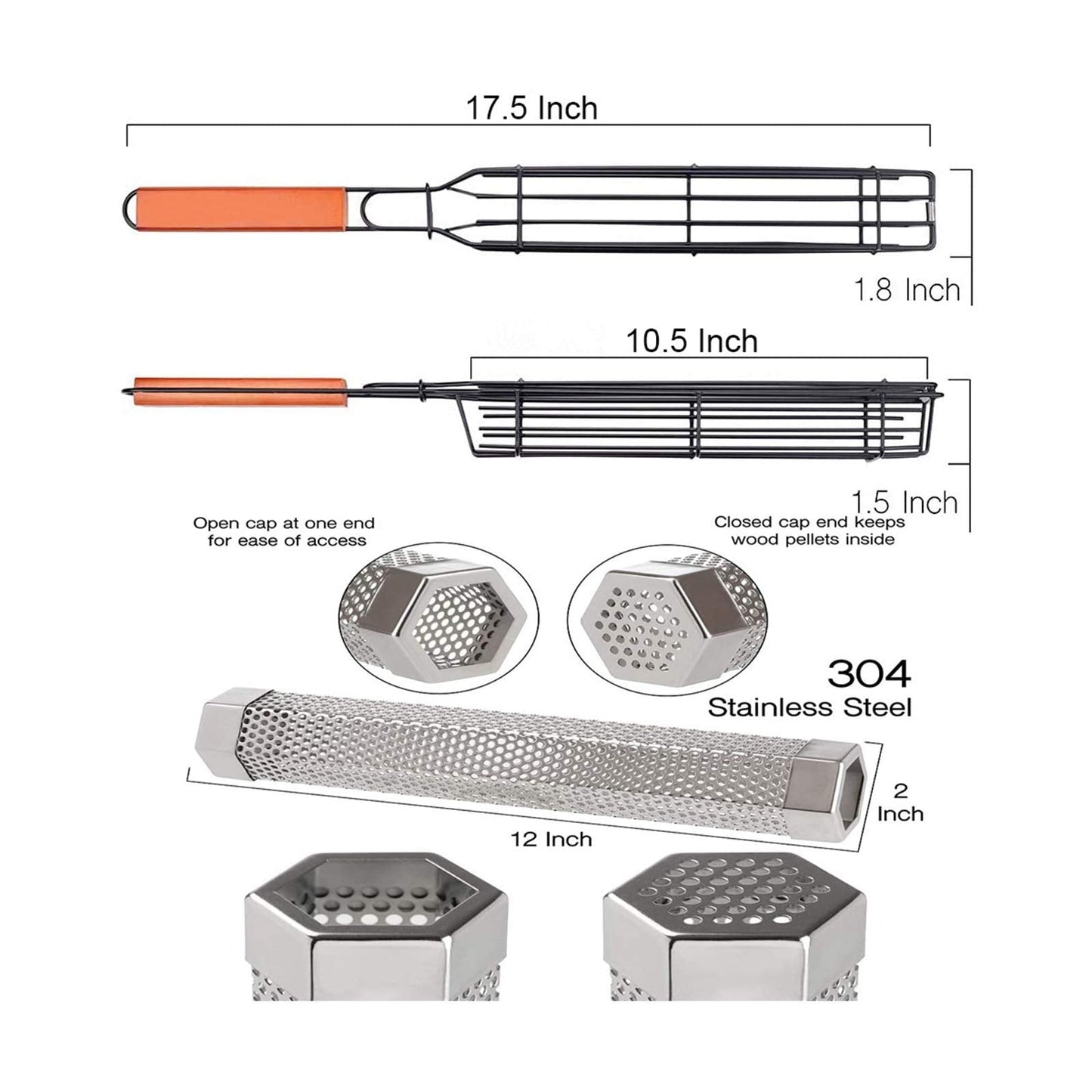Kabob Grilling Baskets, BBQ Grill Accessories Set of 4 with 12" Stainless Steel Hot/Cold Smoker Tube, BBQ Smoker Rotisserie Basket for Grilling Vegetables