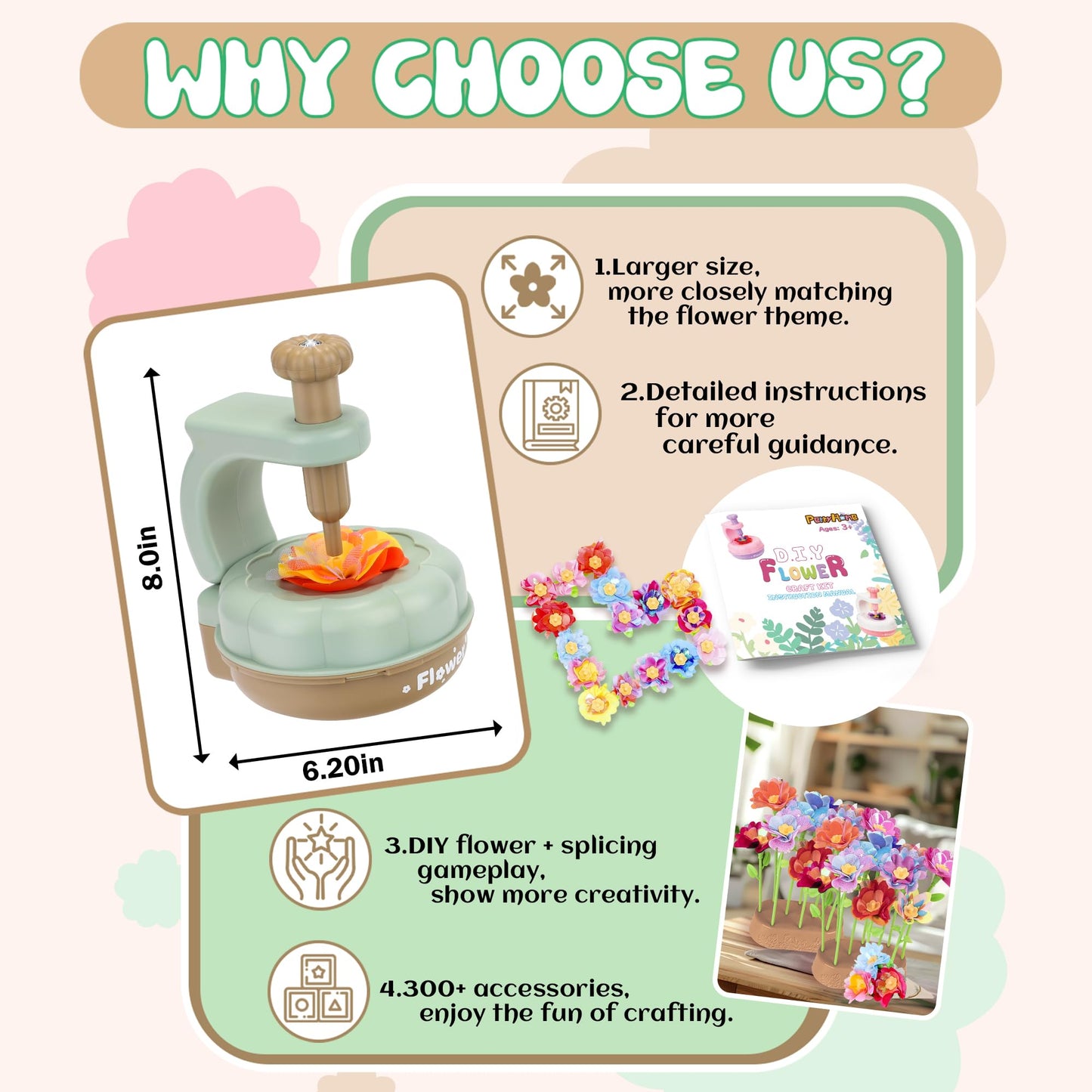 PERRYHOME Fabric Flower Bouquets Toys, 300+ Pcs Birthday Gift Activity Kit, 2 Gameplays STEM Craft for Kids, Reusable DIY Bouquets Maker Mothers Day Gifts for 3 4 5 6 7 8 Years Toddler Girl Gift