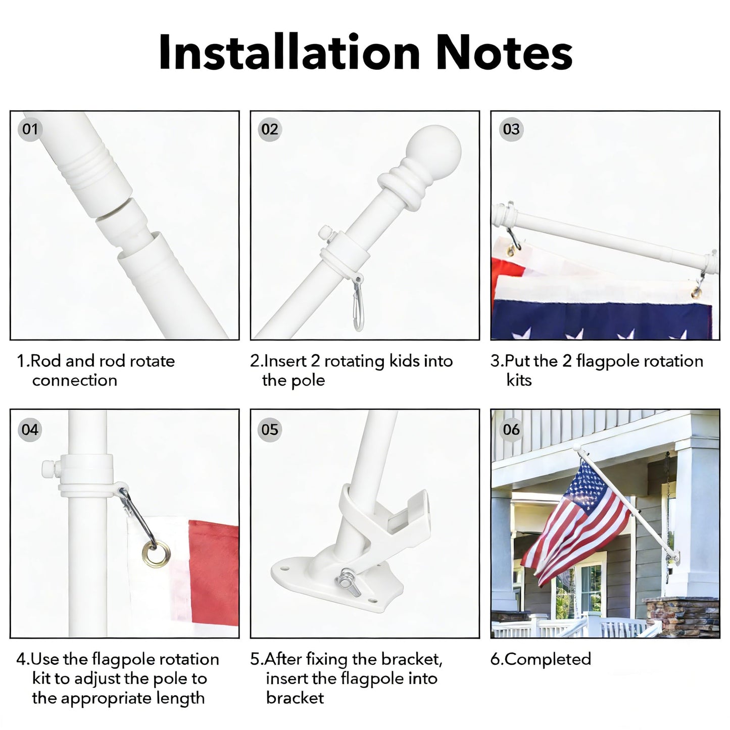 Hoffen 6FT Flag Pole Kits for Outside House with Upgraded Bracket, Stainless Steel Wall Mount Tangle FlagPole Without America Flags for Residential or Commercial (White)