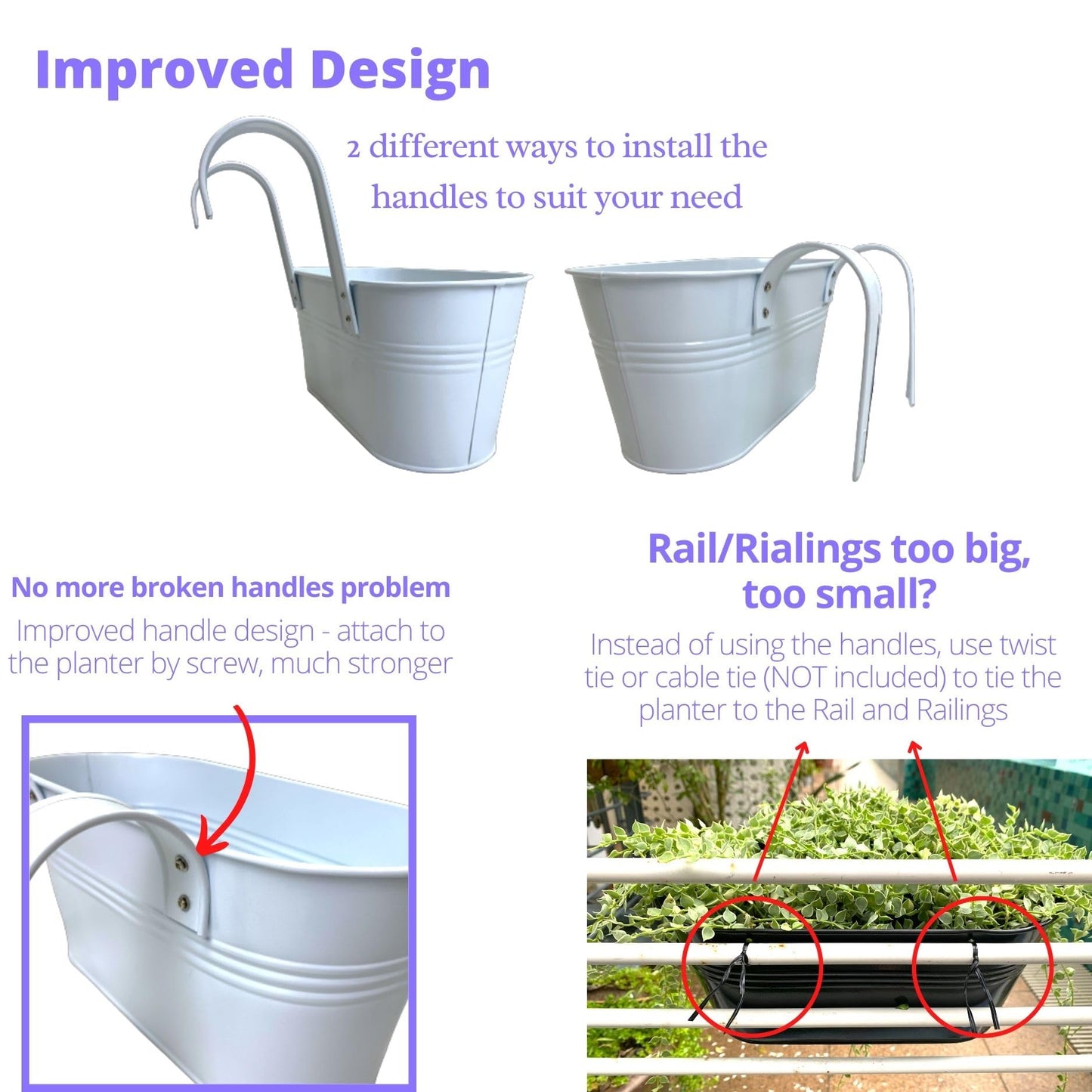 LaLaGreen Rail Planters for Outdoor (10 Pack, 11.2 Inch) White Metal Iron Strawberry Planter Hanging Flower Pots, Deck Railing Fence Bucket Wall Mount Window Box Plant Holder with Hooks Porch Decor
