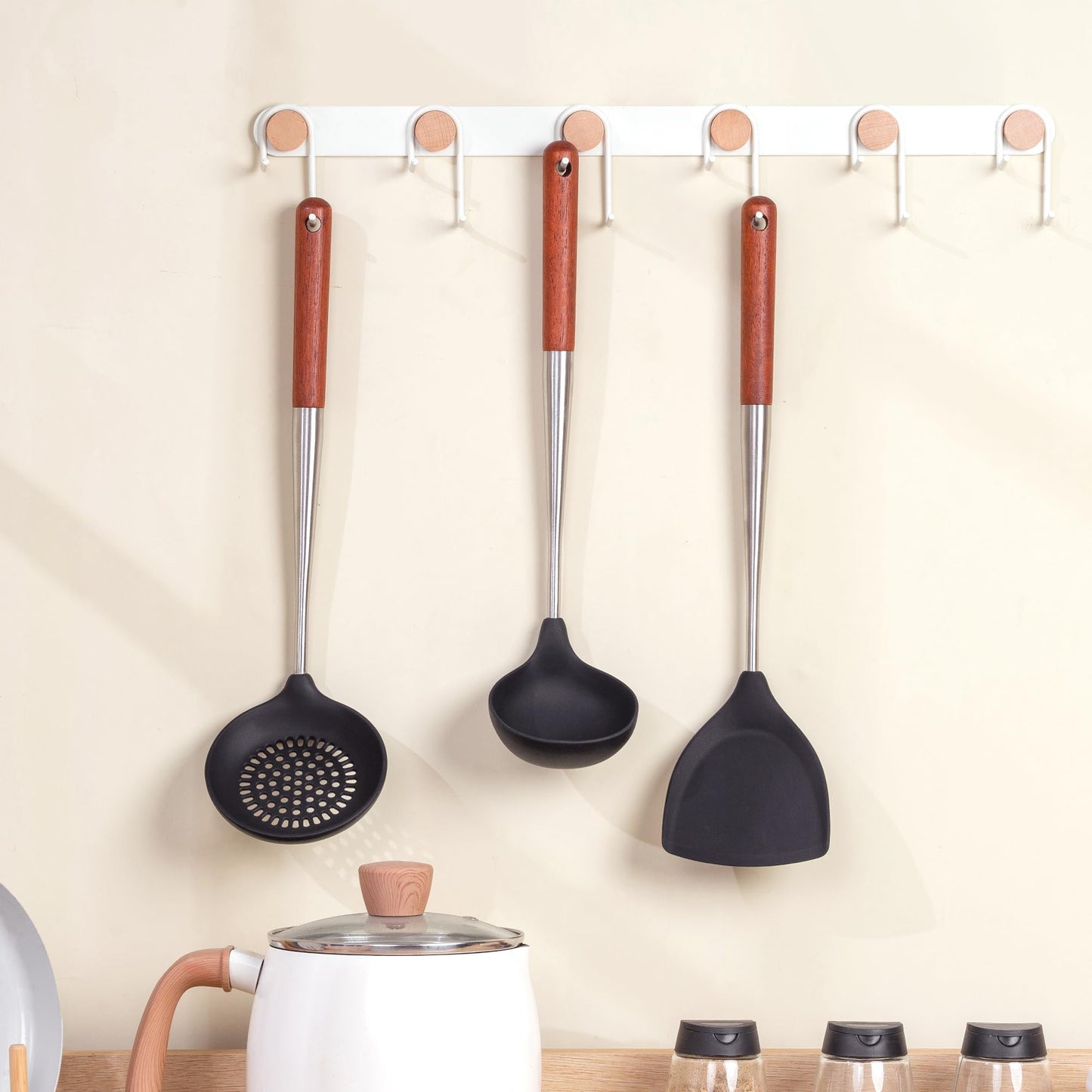 FJNATINH Silicone Spatula - Ladle - Skimmer Wok Tool Set,Stainless Steel Non Stick Heat-Resistant Cooking Utensils BPA Free Kitchen Utensils Cookware with Wooden Handle, Pack of 3