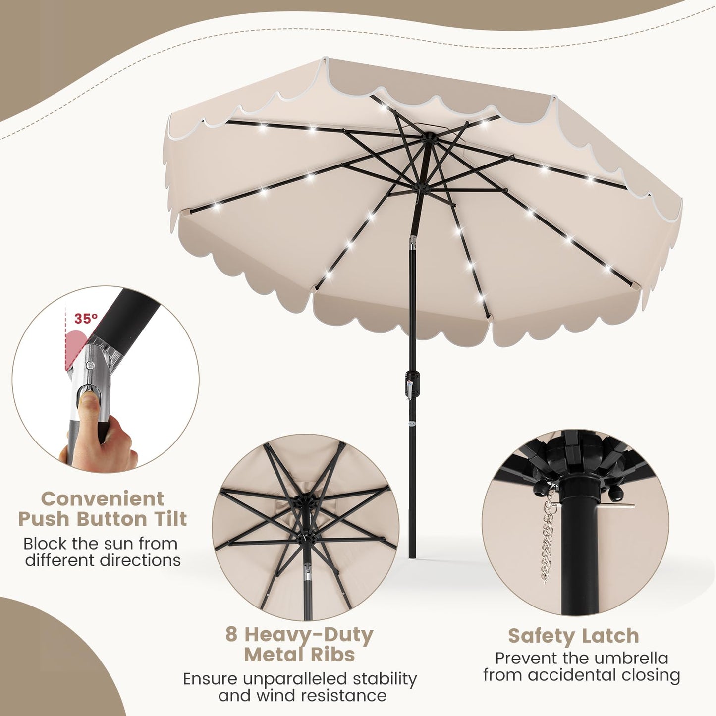 Tangkula 9 FT Solar Patio Umbrella, 2-Tiers Scalloped Outdoor Table Market Umbrella with 32 LED Lights, Vented Top, Tilt Adjustment, Crank, 8 Ribs for Backyard Poolside Deck Beach Lawn (Beige)