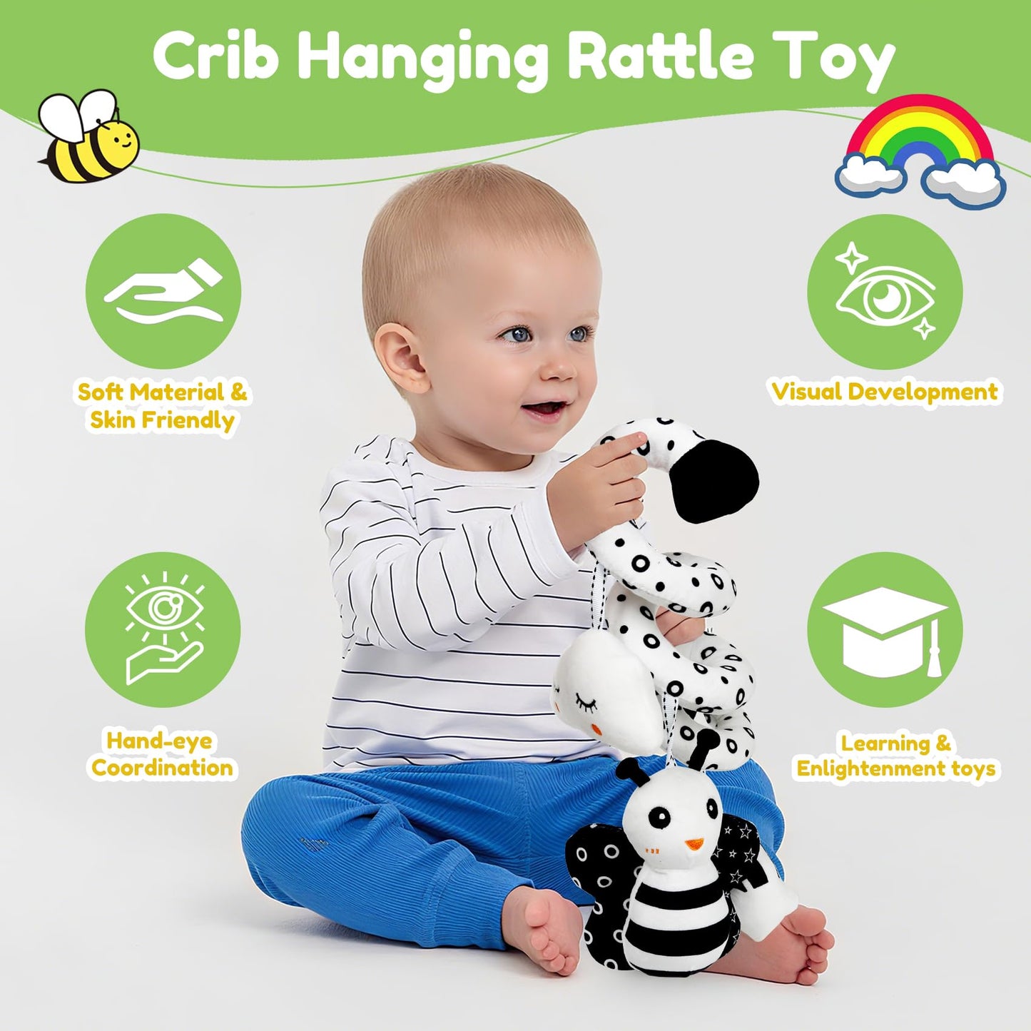 kizh Baby Hanging Stroller and Car Seat Toys High Contrast Baby Toys for Newborn Black and White Sensory Plush Activity Toys for Babies 0-6 Months-BEE
