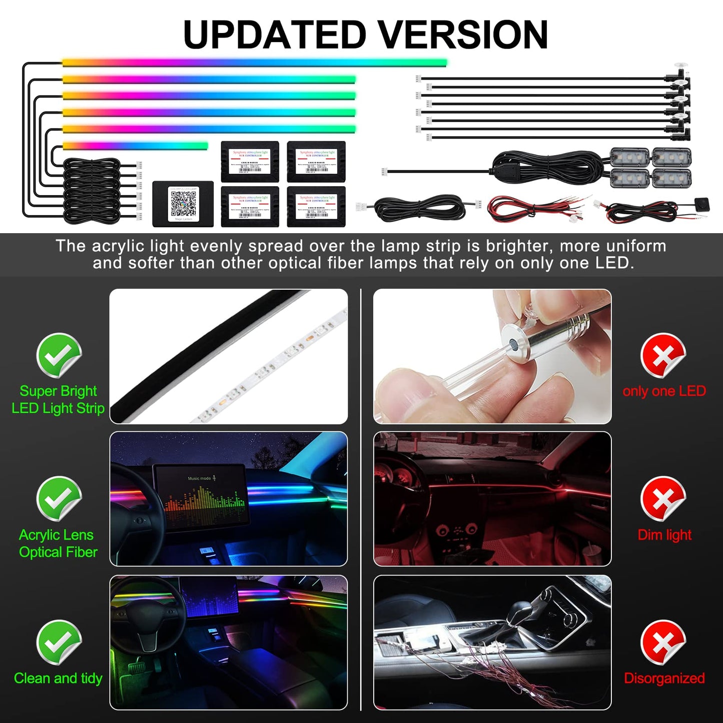 Dreamcolor Acrylic Interior Car LED Strip Light with Wireless APP, RGB 18 in 1 with 175 inches 593 LEDs Fiber Optic Ambient Lighting Kits, 16 Million Colors Sound Active Function Car Neon Lights