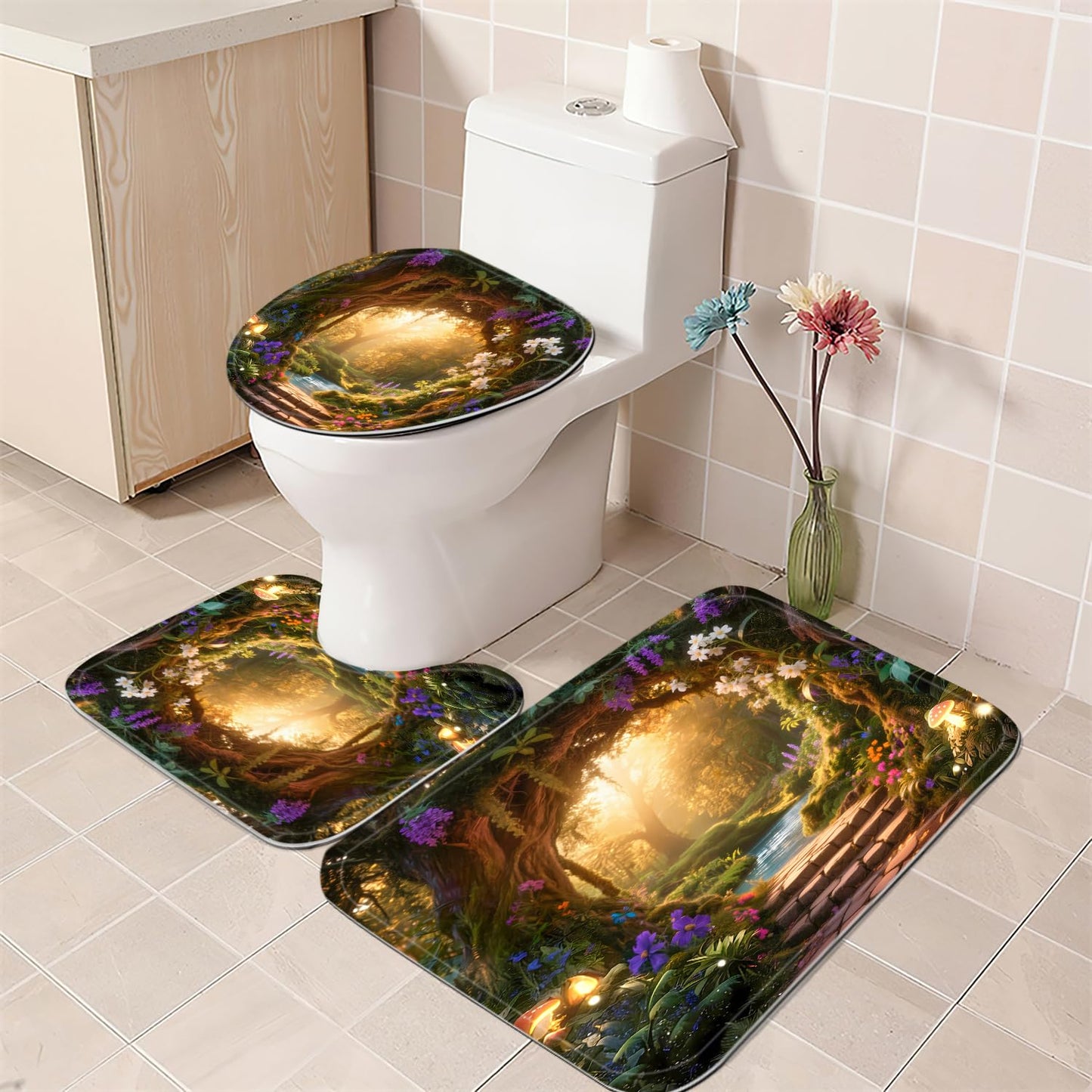Nkzply 4 Pcs Enchanted Forest Shower Curtain Set Nature Garden Bathroom Sets with Shower Curtain and Rugs Mystical Woodland Shower Curtain Tree Hollow Bathroom Decor Accessories Toilet Lid Cover
