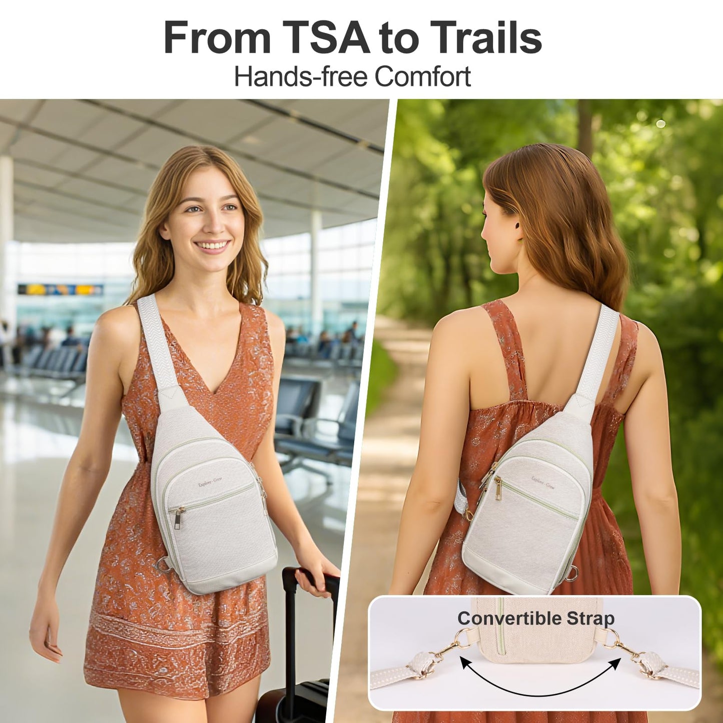 Packism Travel Sling Bag for Women Valentine's Day Gift with Box and Message Card - Anti-Theft Canvas Crossbody Bag with 7 Pockets, Leather Bottom, Fits iPad Mini, 6.3x3.4x11 Inches, Beige
