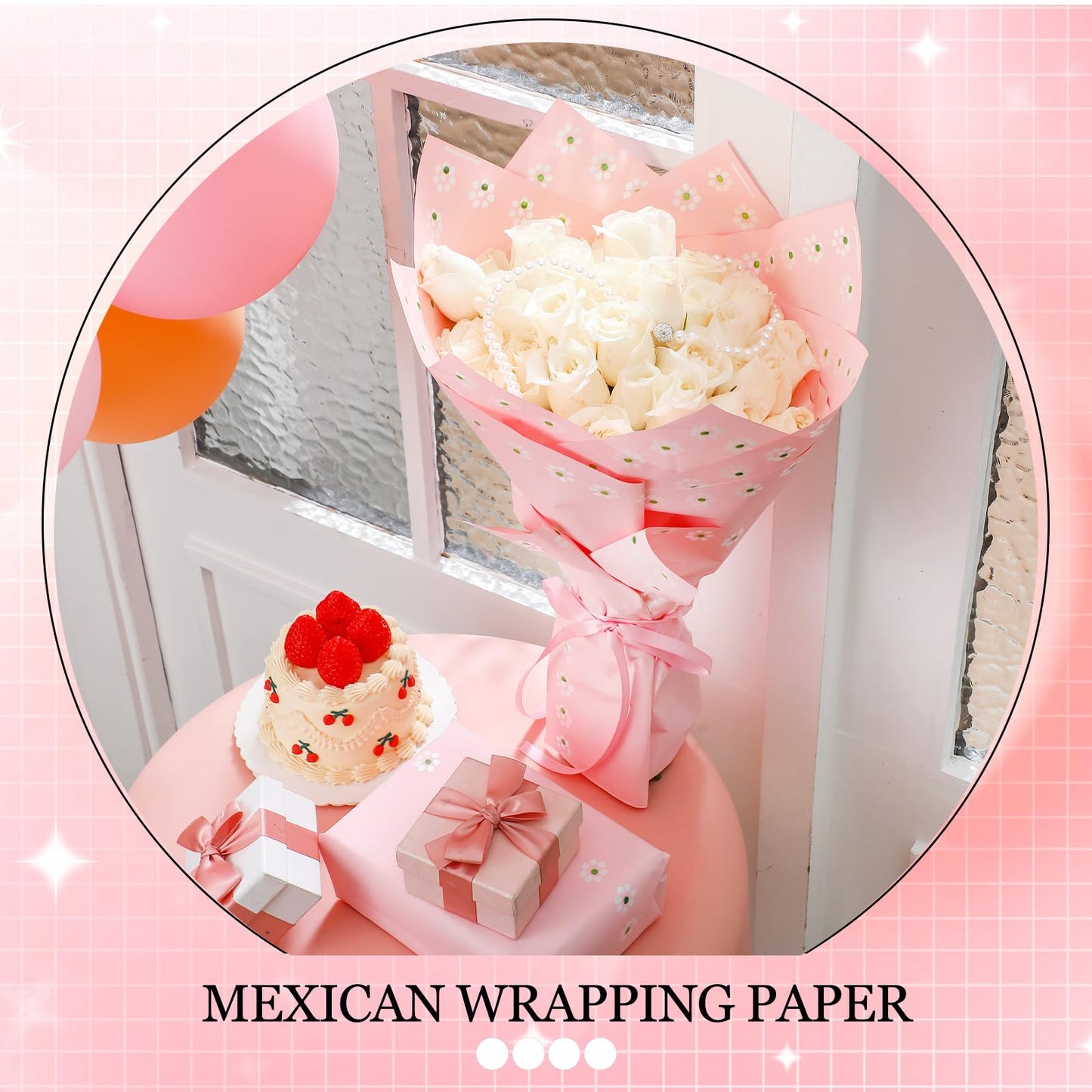 Fullhawl 20 Sheet Mexican Bouquet Wrapping Paper Flower Bouquet Waterproof De Barro Wrapping Paper for Cielito Lindo Party Baby Shower Mother's Day Floral Gift Wrap DIY Wedding Birthday(Pink)