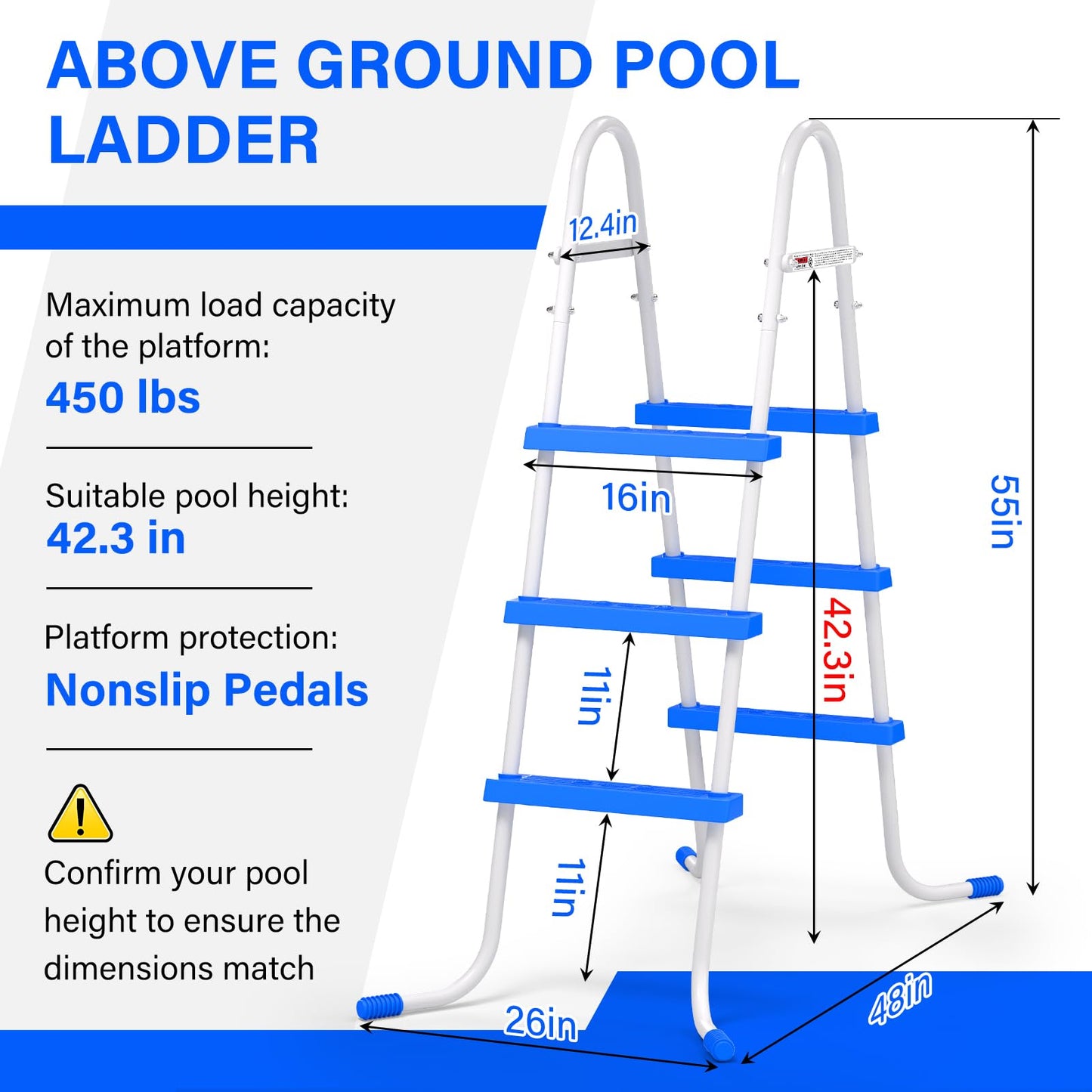 REGMICS Heavy Duty Steel Frame Swimming Pool Ladder for Above Ground Pools, 3-Step Double-Sided Pool Stairs for 42" Height Pools, 450lbs Capacity with Anti-Slip Rubber Feet & Wide Steps