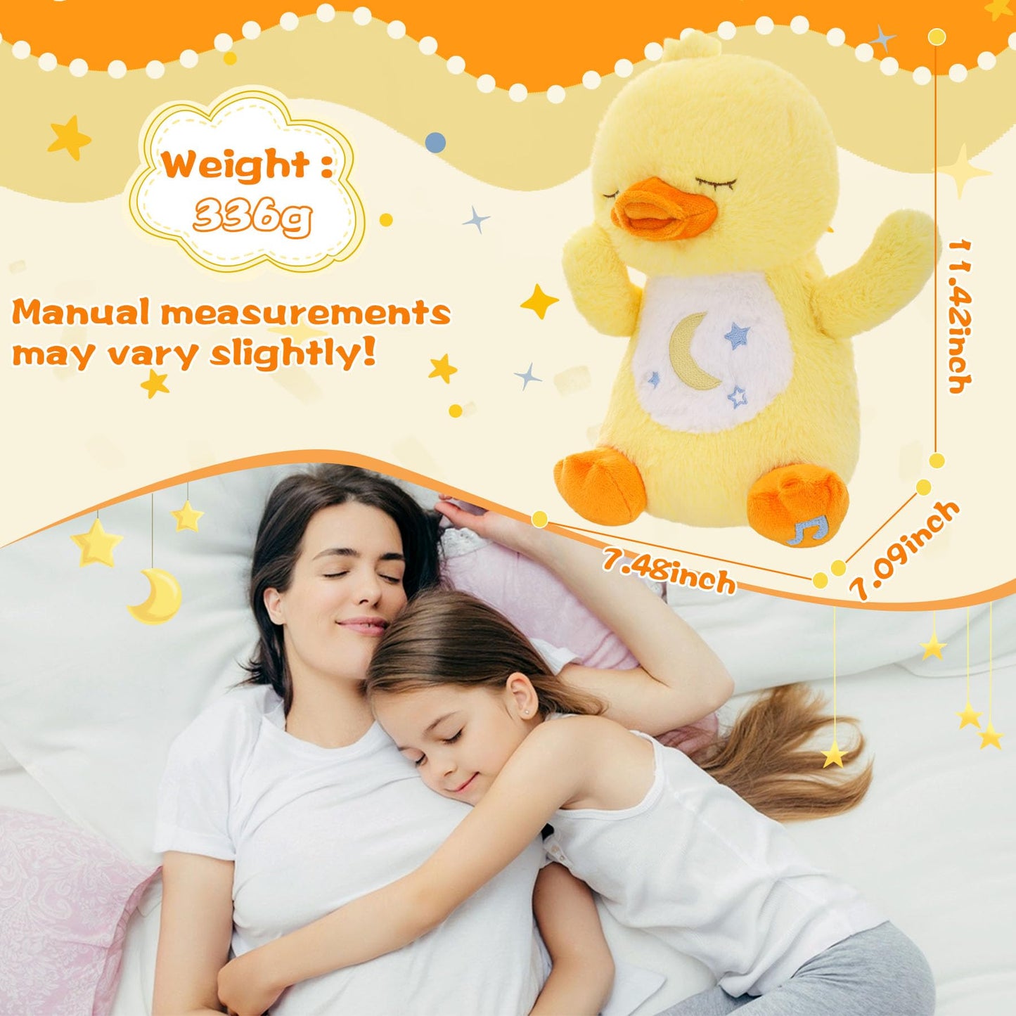 MIAODAM Soothing Cuddle Plush Toy, Breathing Stuffed Animal Duck Plush with Realistic Breathing Action and Relaxing Music, for Babies and Toddlers, Hugging Plush for Emotional Comfort