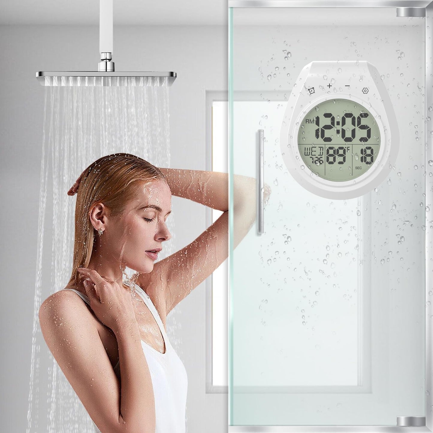 Yariaii Shower Clock with Timer Waterproof, Digital Bathroom Clock with Countdown, Temperature, Date, Week, Second, Suction Cup, Wall Hanging, for Mirror, Pool, Bath, Kitchen, Battery Operated, White