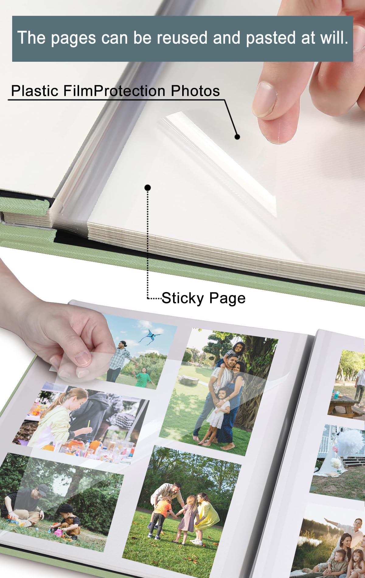 Self Adhesive Scrapbook for Photo Albums 4x6 Pictures, Linen Cover Arch Display Window Scrapbook 40 Blank Pages, DIY Scrapbook Photo with A Metallic Pen, Memory Book for Baby Wedding Anniversary Green