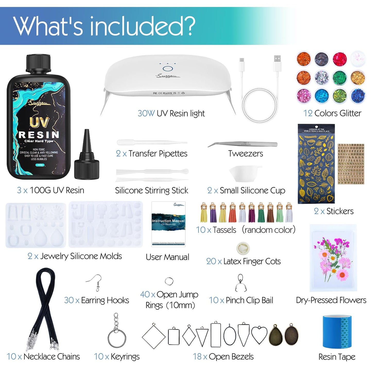 Suzzam UV Resin Jewelry Making Kit, 300g Crystal Clear UV Resin Kit with Molds, 30w & 22 Lamp Beads UV Resin Light Large for Craft Making Earrings, Necklaces, Keychains
