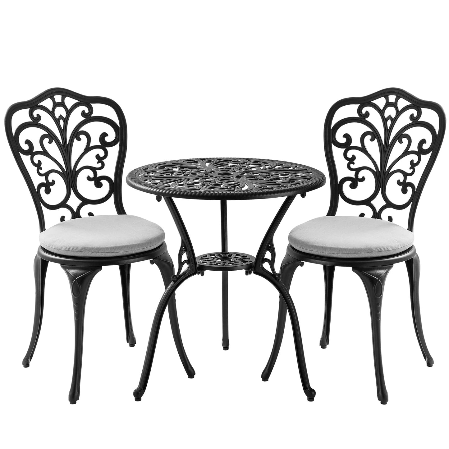 Withniture Patio Bistro Set 3 Piece with Cushions, All Weather Bistro Table and Chairs Set of 2 with Umbrella Hole, Outdoor Bistro Set, Cast Aluminum Patio Furniture Set for Garden Porch, Black