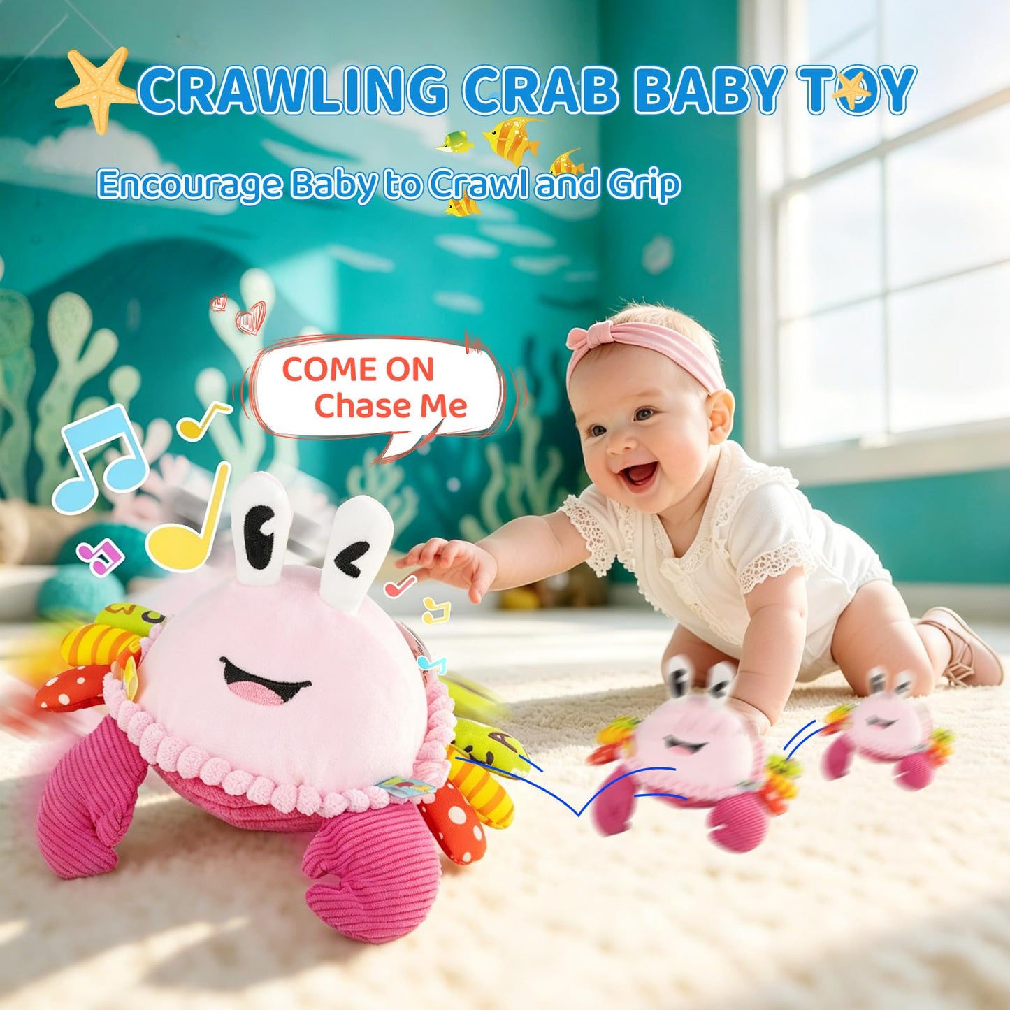 Baby Toys 6-12-18 Months, Pink Crawling Crab Tummy Time Toy, Rechargeable Musical Plush Toy with 50 Songs & Voice Recorder, Dancing Bouncing Interactive Baby Girl Sensory Toddler Toys 1 Year Old Gift