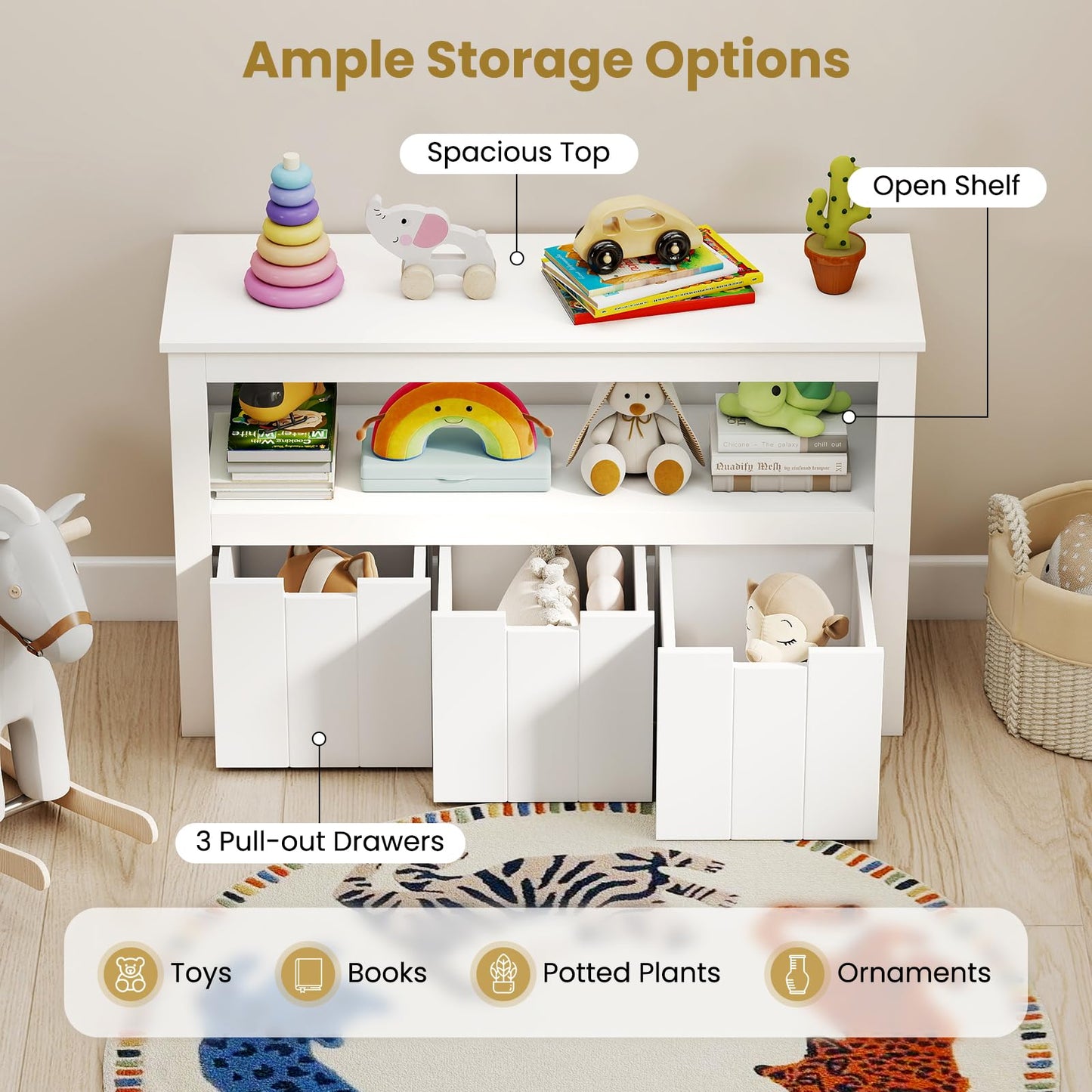Costzon Toy Storage Organizer w/Drawers, Wooden Toy Shelf with 3 Removable Drawers, Rolling Wheels & Large Open Shelf, Toy Cupborad for Kids Room, Playroom, Kindergarten, Nursery (White)
