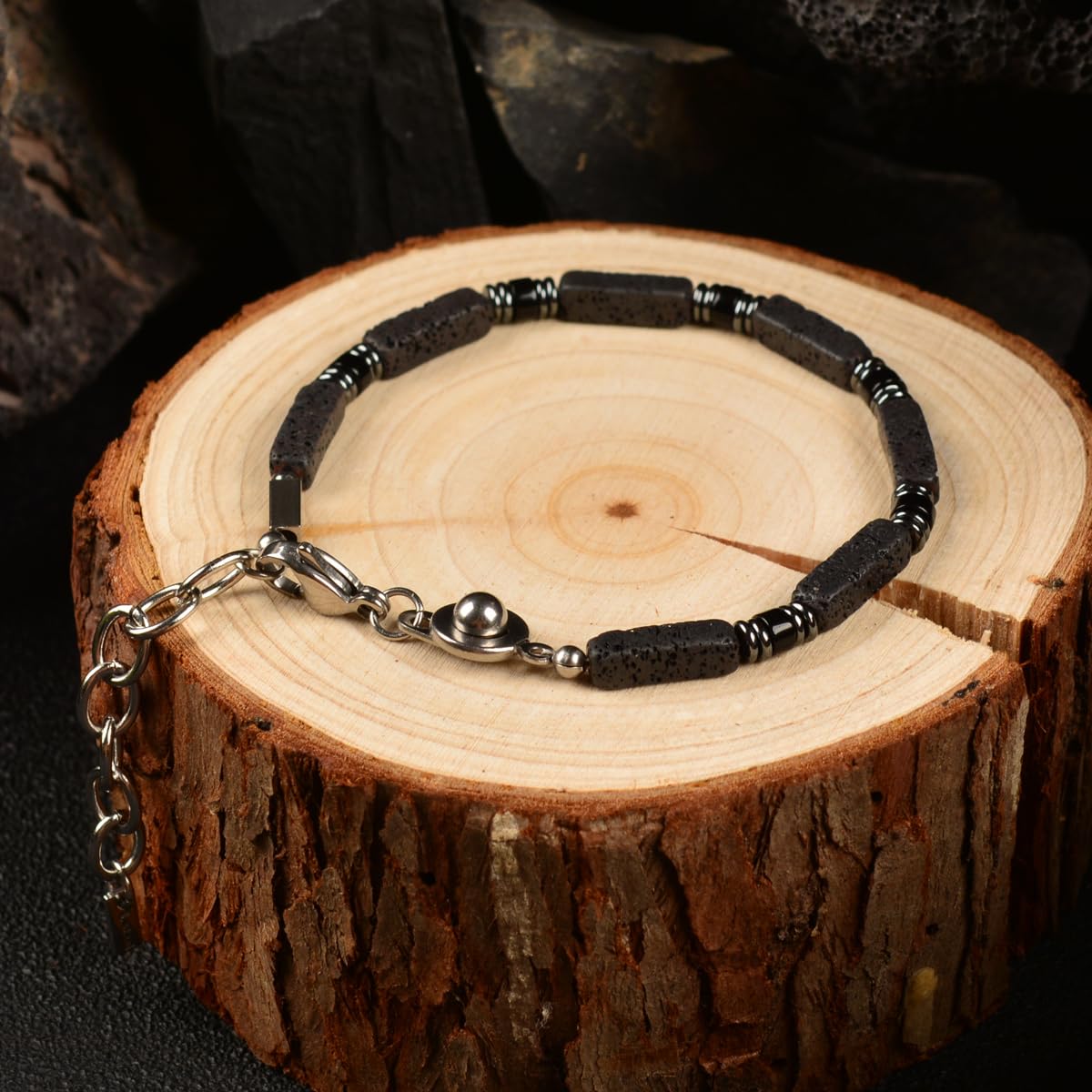 Casvia Handmade Obsidian Hematite Bracelet for Men, Stainless Steel Beaded Bracelet, Adjustable & Easy Wear, Chakra Protection Jewelry Gift for Father, Boyfriend, Husband