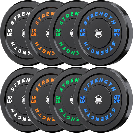 Rendpas 2-Inch Olympic Bumper Plates, 100% Virgin Rubber Low Bounce Barbell Weight for Home Gym Strength Training, 10lb-45lb Black with Color-Coded