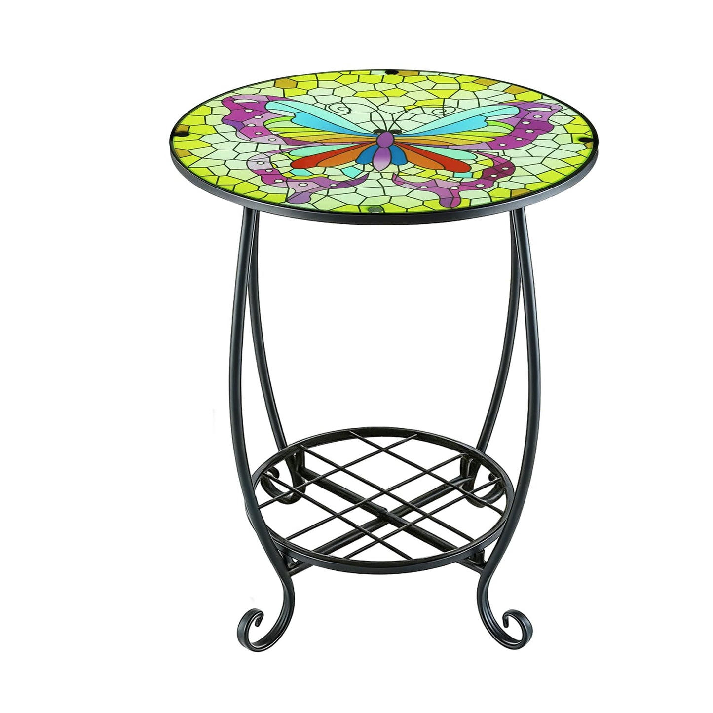 Arbuxzuy 12 Inch Small Outdoor Side Table with Colorful Butterfly, Glass Mosaic Patio Table Indoor, Round Plant Coffee Table for Living Room, Balcony, Garden（Butterfly Style）