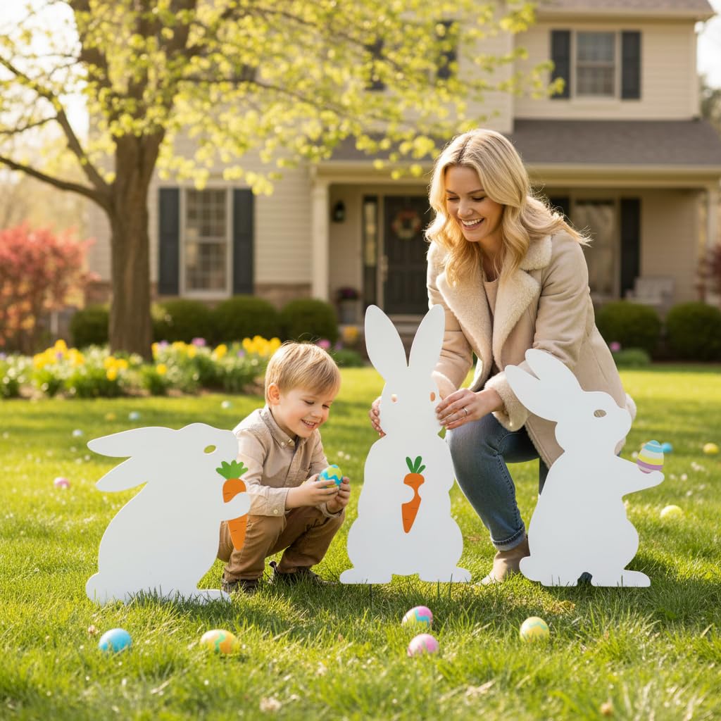 3PCS Easter Outdoor Decoration Bunny Yard Signs with Metal Stakes Waterproof Spring Welcome Sign for Party, Lawn, Garden Home Decor